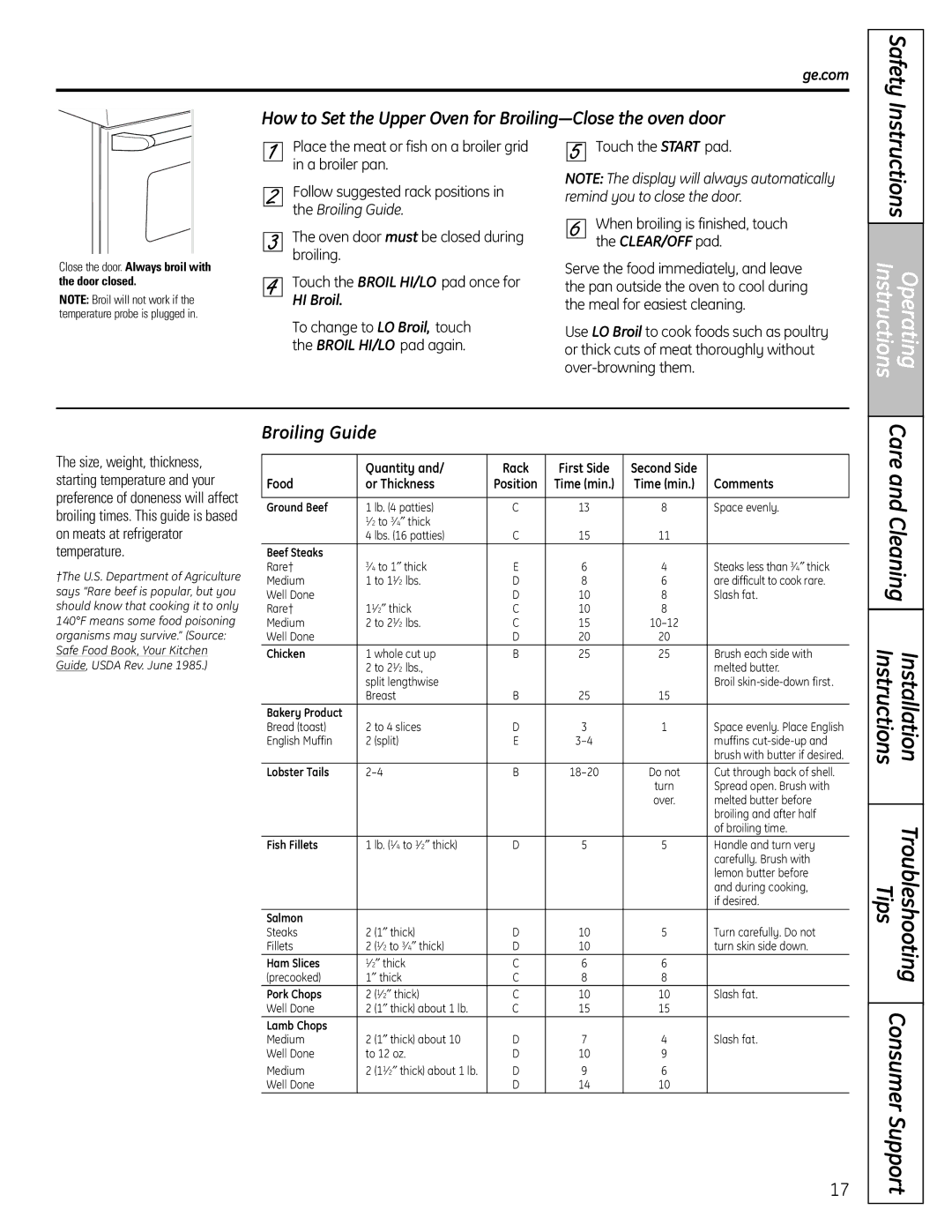 GE CS980SNSS How to Set the Upper Oven for Broiling-Close the oven door, Broiling Guide, HI Broil 