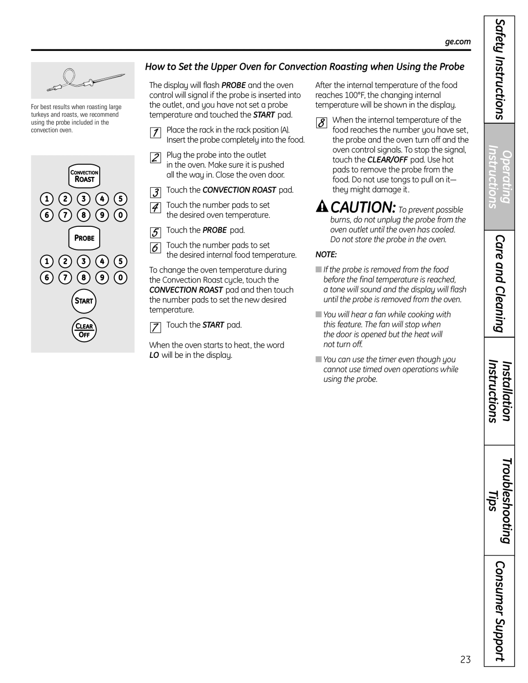 GE CS980SNSS installation instructions Ge.com, Touch the Convection Roast pad 