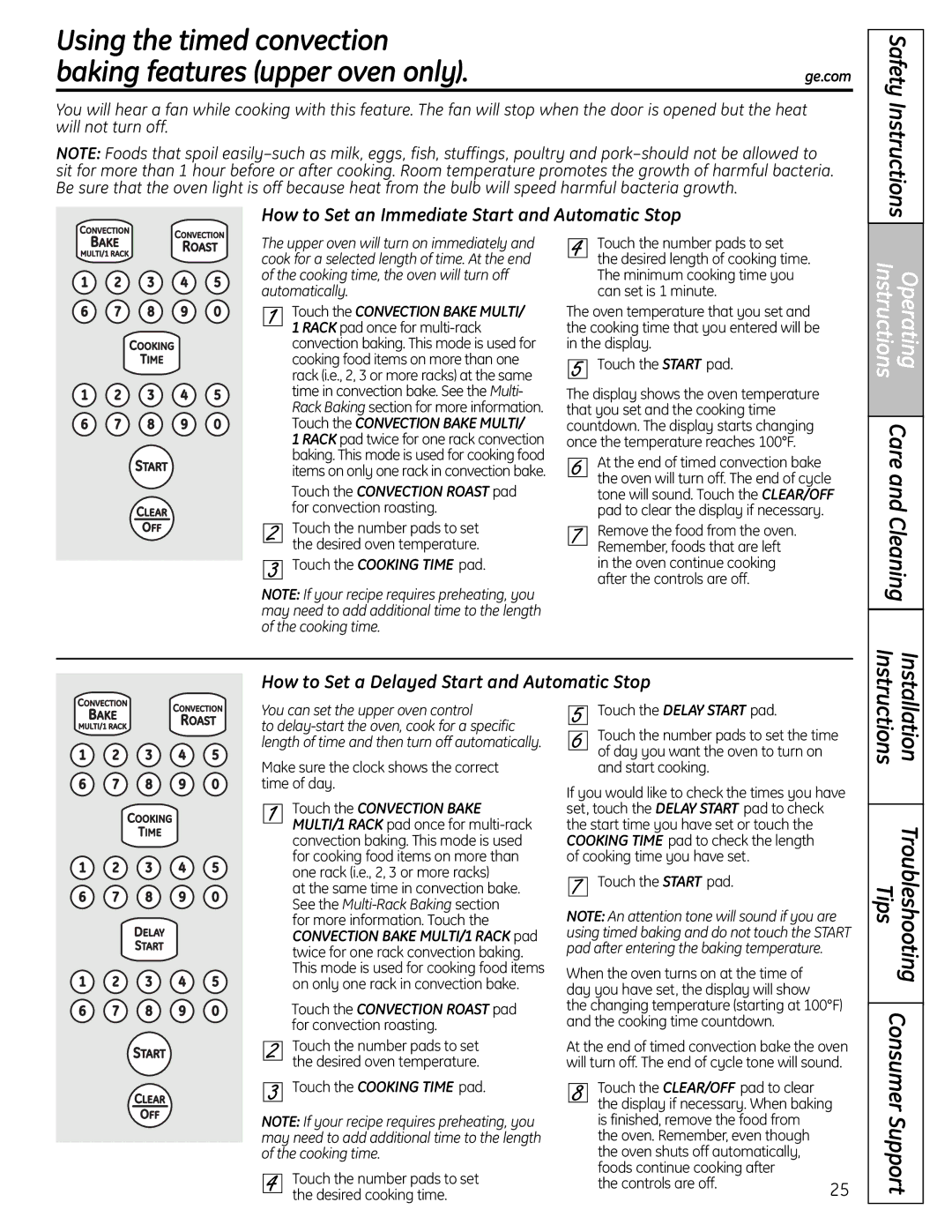 GE CS980 Using the timed convection Baking features upper oven only, How to Set an Immediate Start and Automatic Stop 
