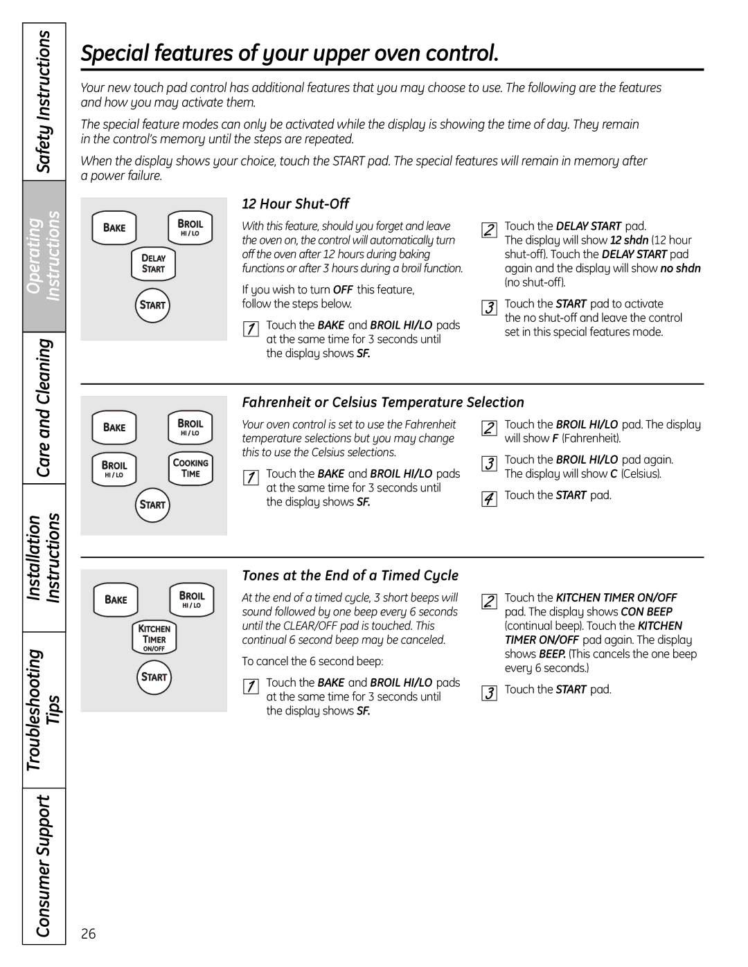 GE CS980SNSS Special features of your upper oven control, Hour Shut-Off, Fahrenheit or Celsius Temperature Selection 