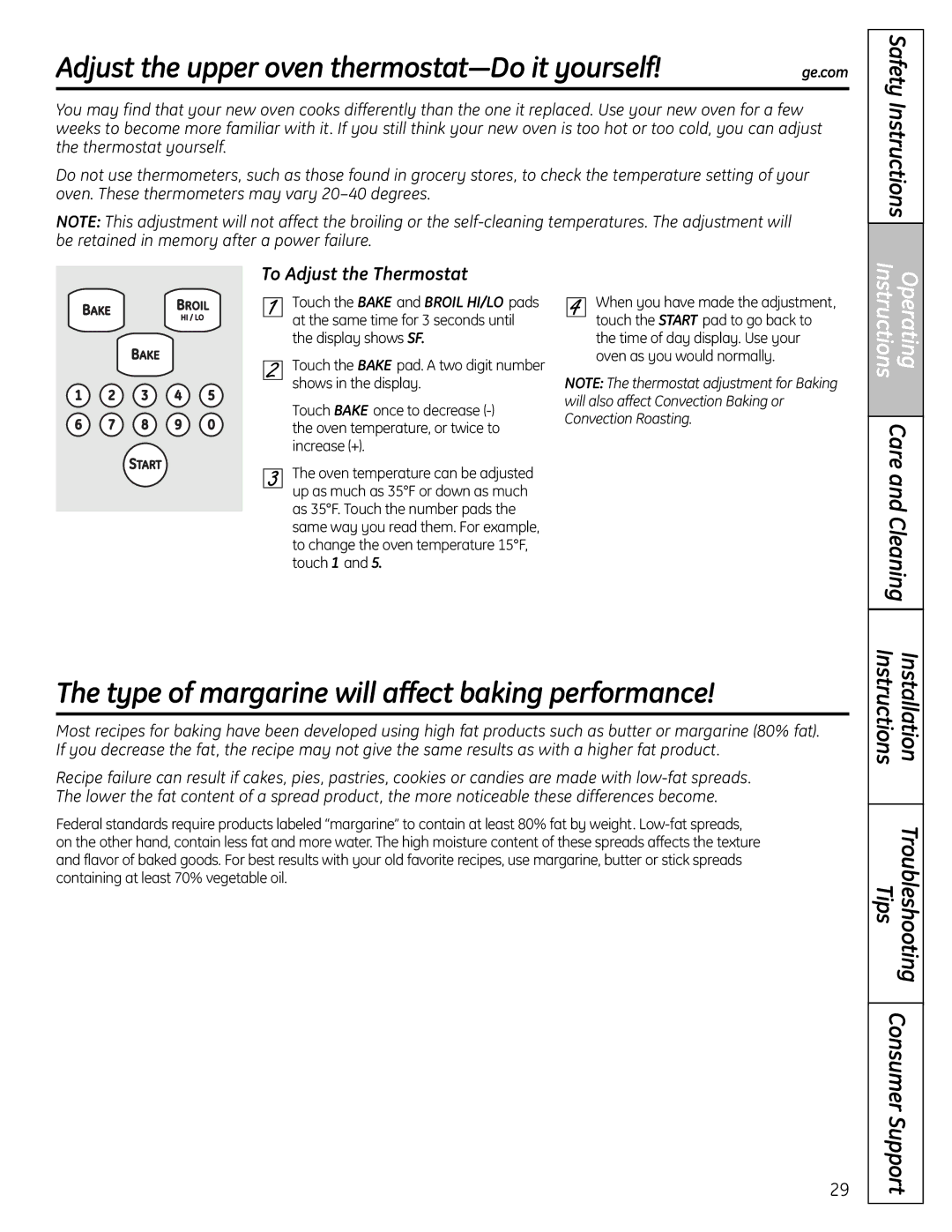 GE CS980SNSS Adjust the upper oven thermostat-Do it yourself, Type of margarine will affect baking performance 