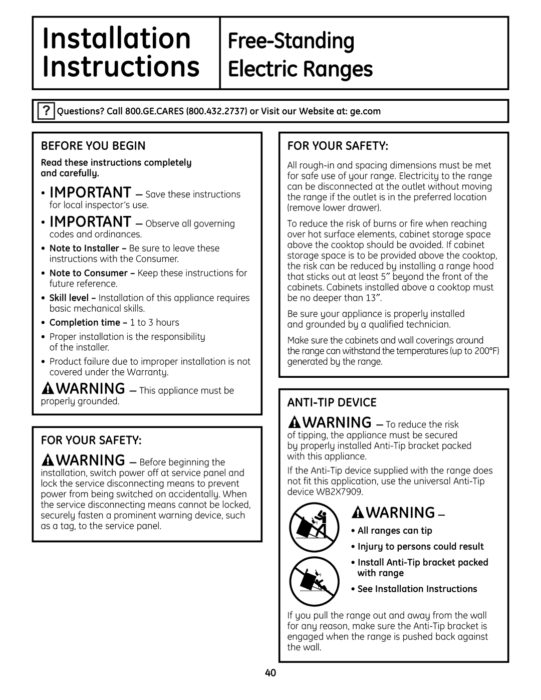 GE CS980SNSS installation instructions Before YOU Begin, For Your Safety, ANTI-TIP Device 