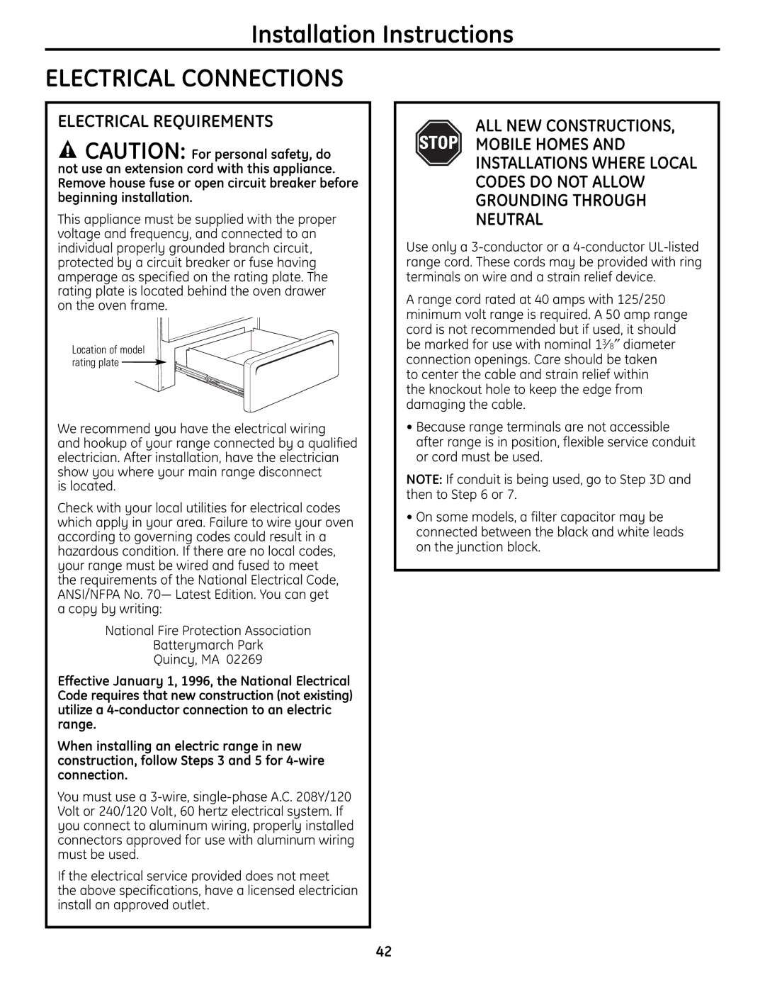 GE CS980SNSS installation instructions Electrical Connections, Electrical Requirements 