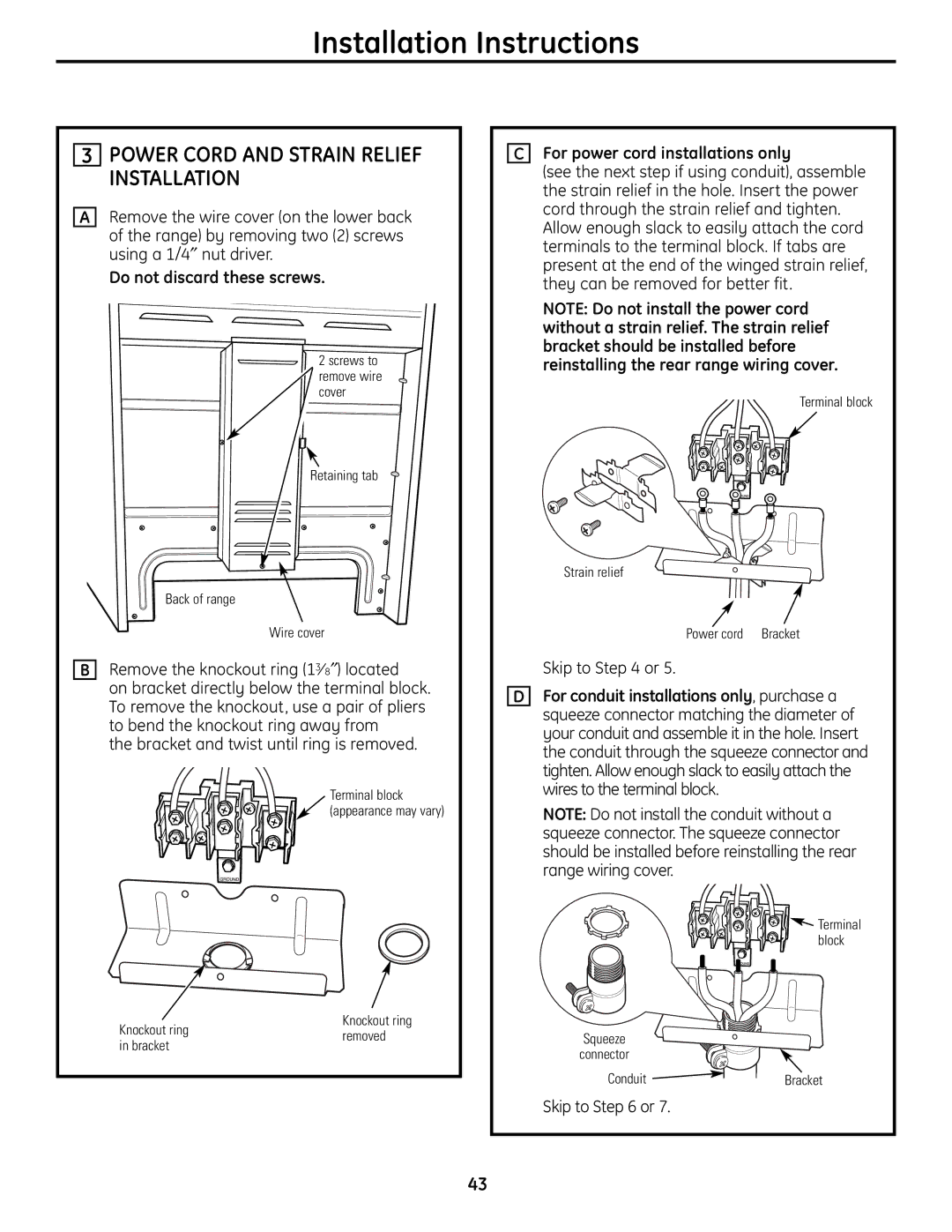 GE CS980SNSS installation instructions Power Cord and Strain Relief Installation, Do not discard these screws 