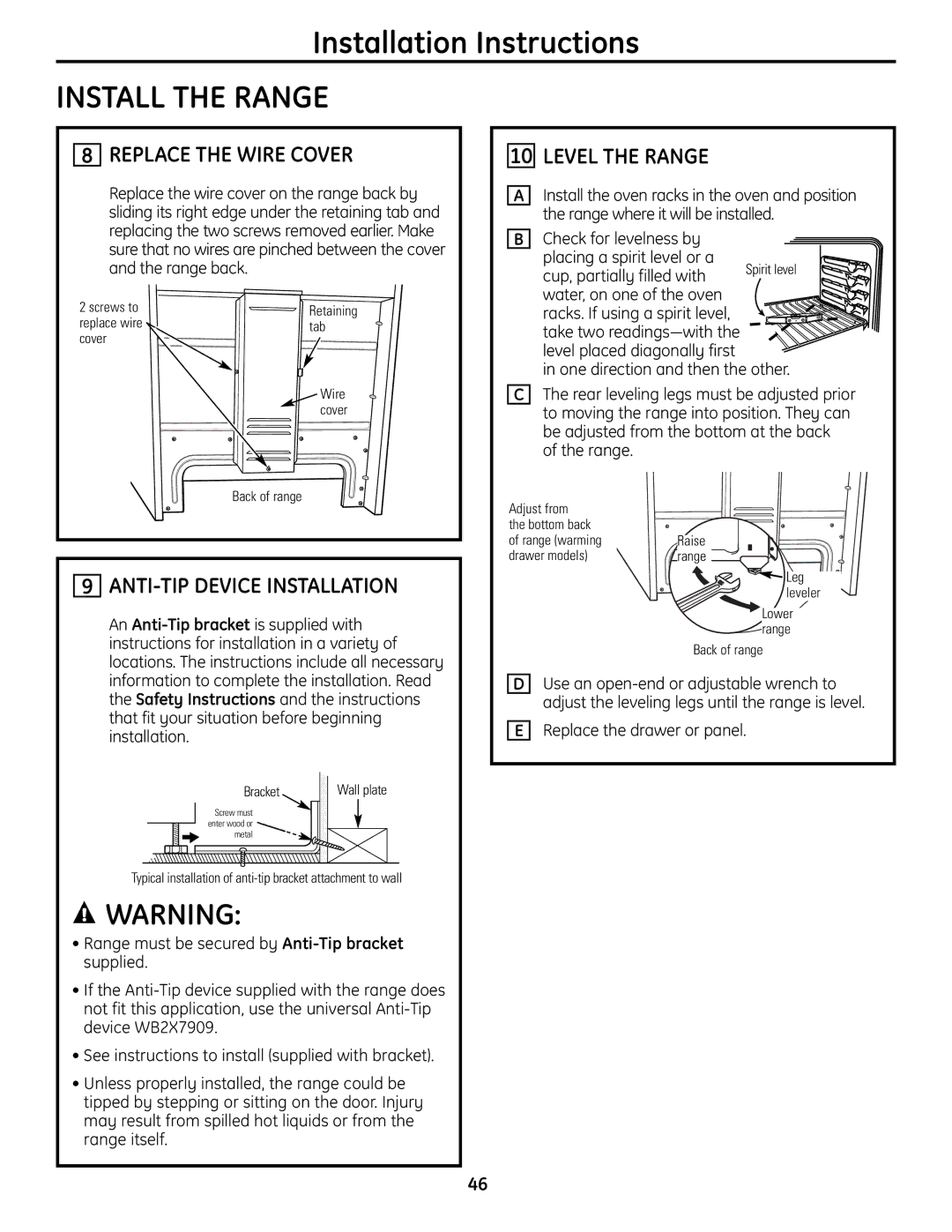 GE CS980SNSS installation instructions Replace the Wire Cover, ANTI-TIP Device Installation, Level the Range 