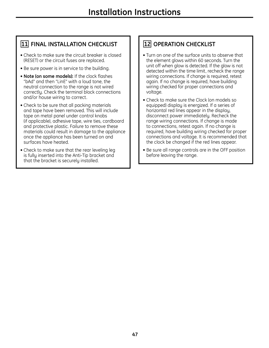 GE CS980SNSS installation instructions Final Installation Checklist, Operation Checklist 