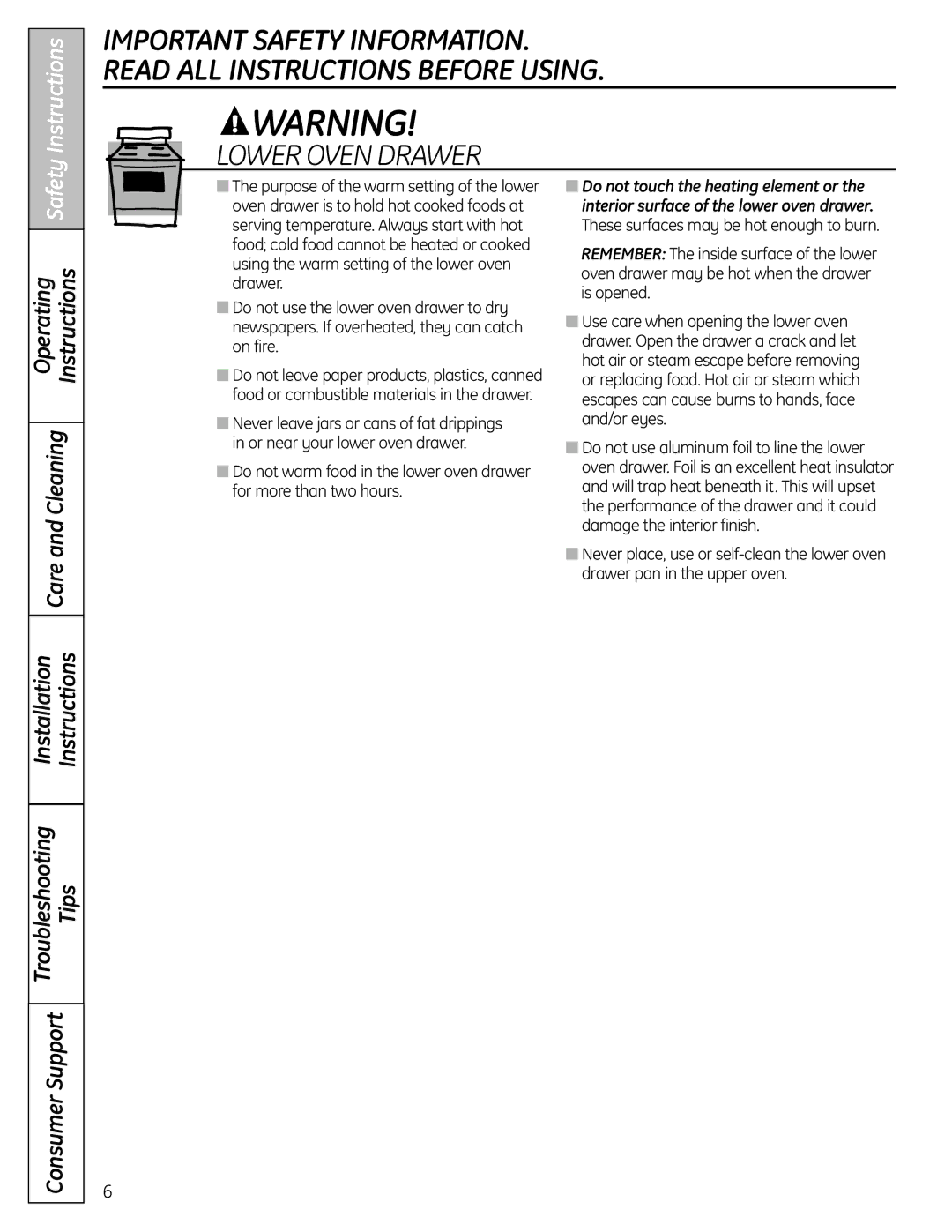 GE CS980SNSS installation instructions Lower Oven Drawer 