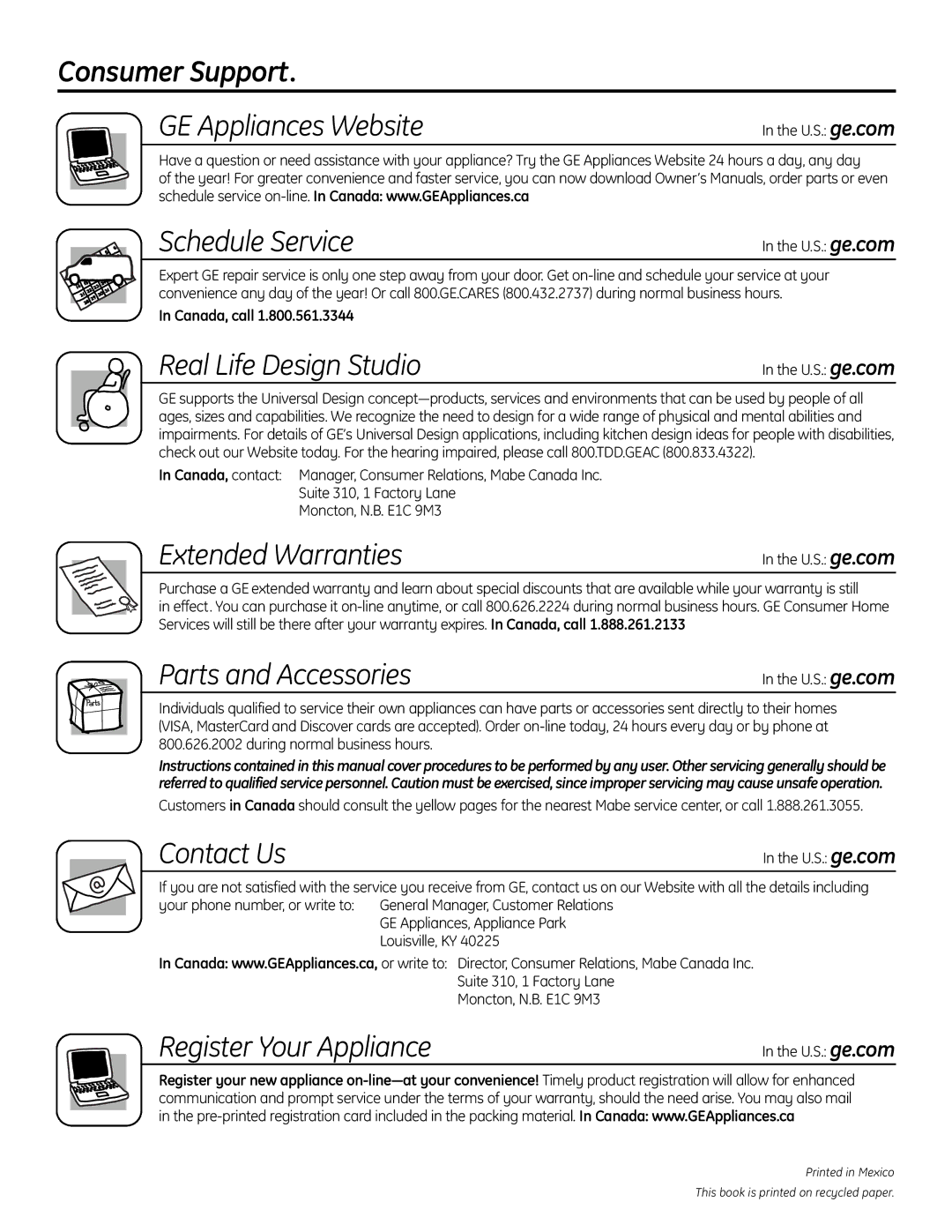 GE CS980SNSS installation instructions Consumer Support, GE Appliances Website 