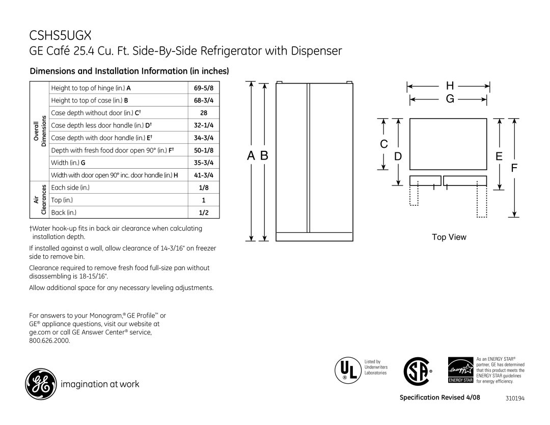 GE CSHS5UGX dimensions Dimensions and Installation Information in inches, Top View 