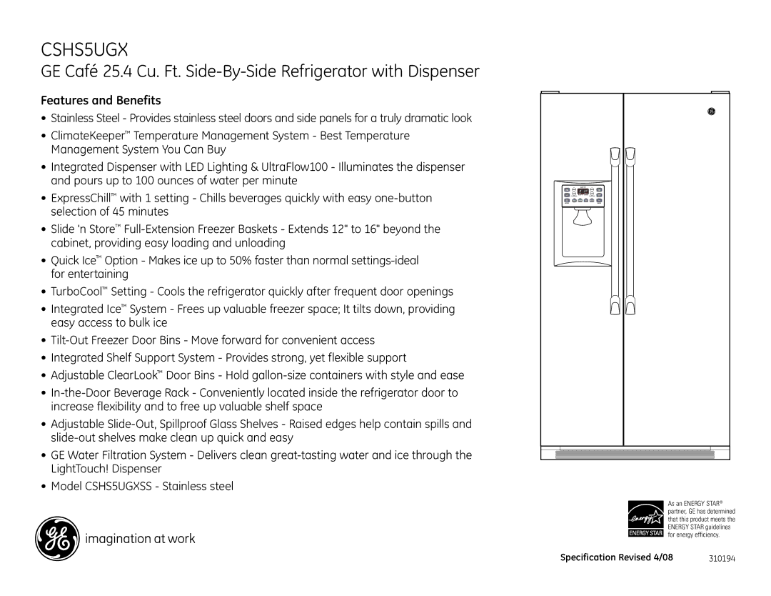 GE CSHS5UGX dimensions Features and Benefits 