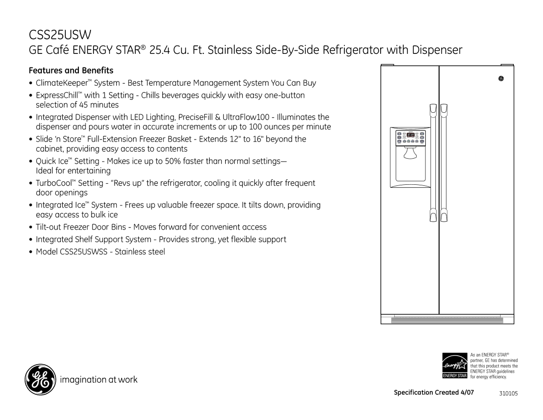 GE css25usw dimensions Features and Benefits 