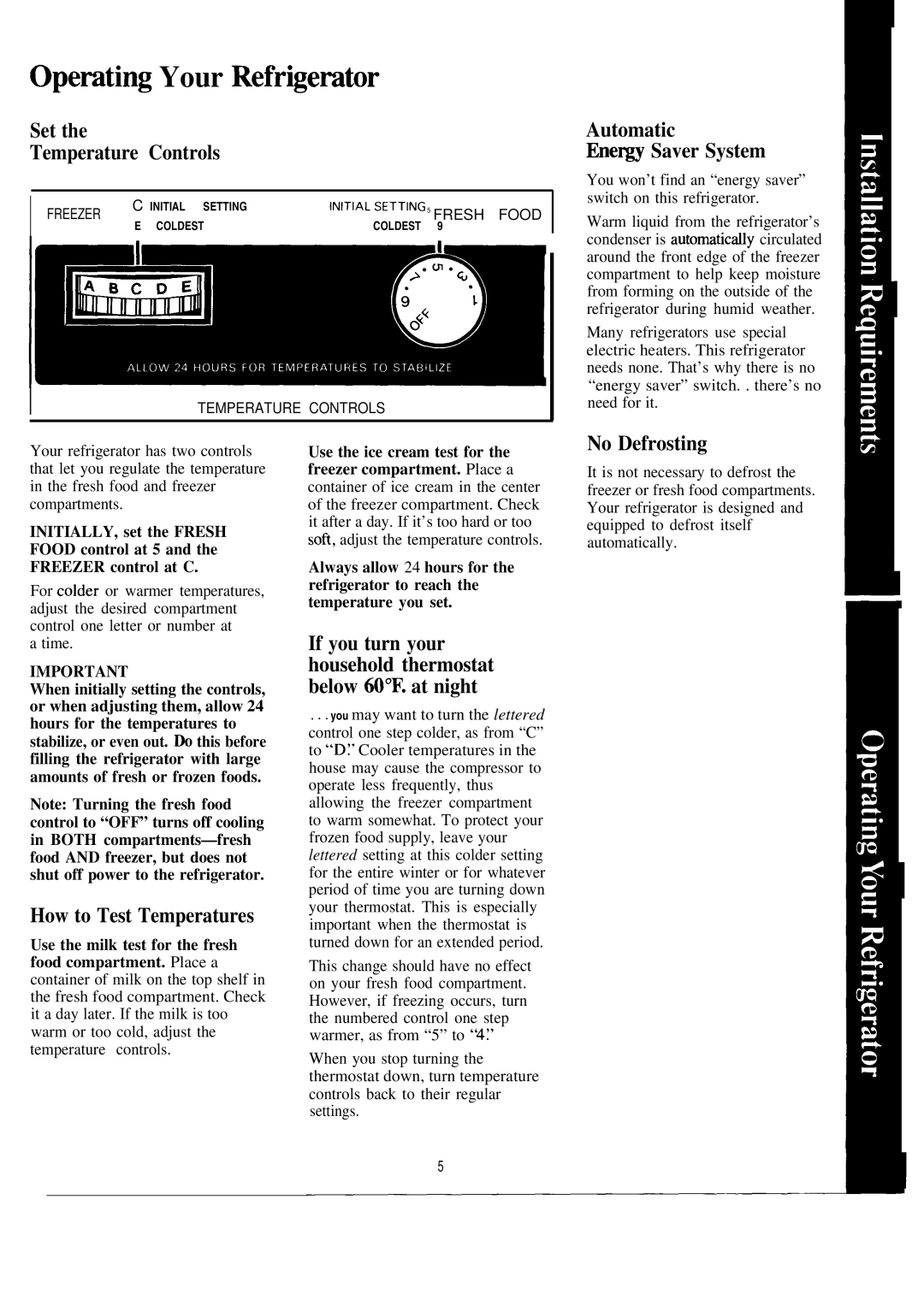 GE CSX24D Opemting Your Refrigemtor, Set Temperature Controls, Automatic Ene~y Saver System, How to Test Temperatures 