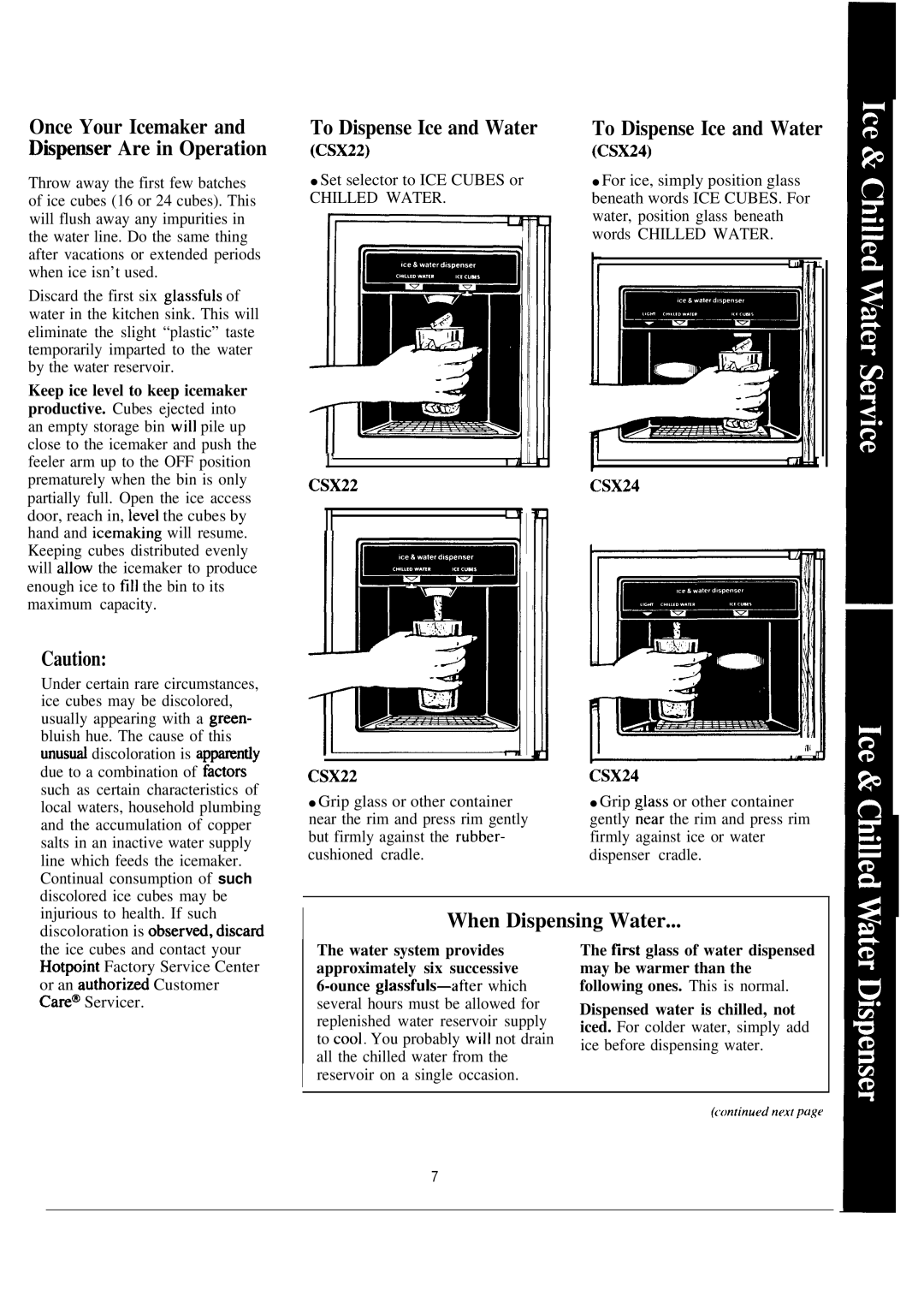 GE CSXH24, CSX22D To Dispense Ice and Water, Chilled Water, CSX24, Water system provides approximately six successive 