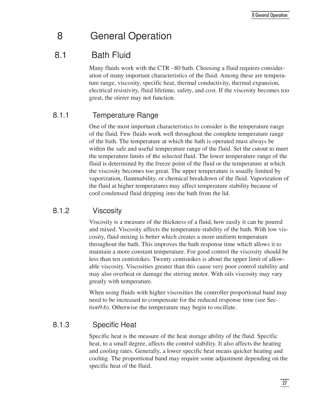 GE CTR 80 manual General Operation, Bath Fluid, Temperature Range, Viscosity, Specific Heat 