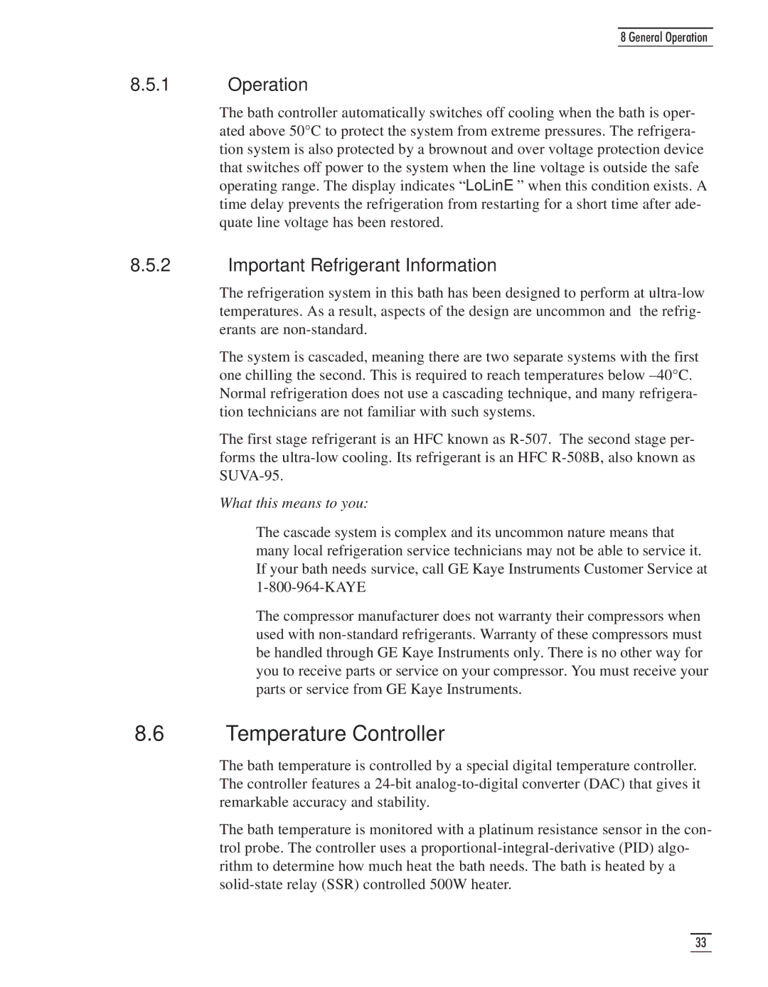 GE CTR 80 manual Temperature Controller, Operation, Important Refrigerant Information 