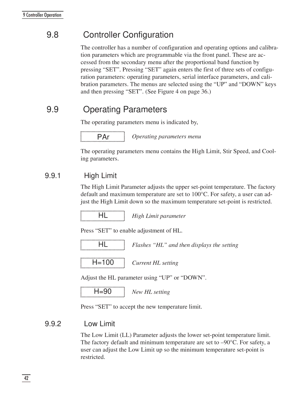 GE CTR 80 manual Controller Configuration, Operating Parameters, High Limit, Low Limit 