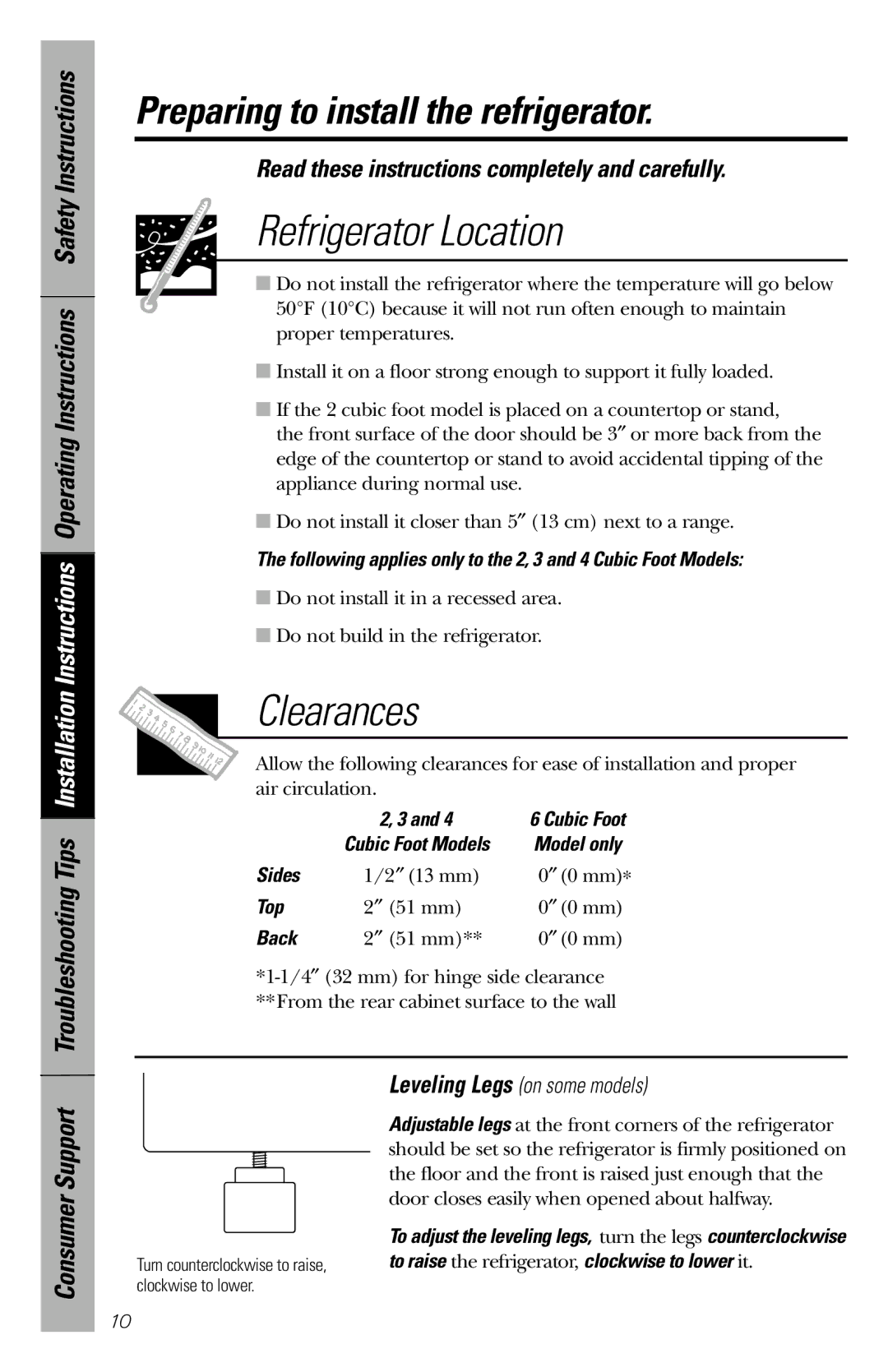 GE Cubic Foot owner manual Preparing to install the refrigerator, Read these instructions completely and carefully 