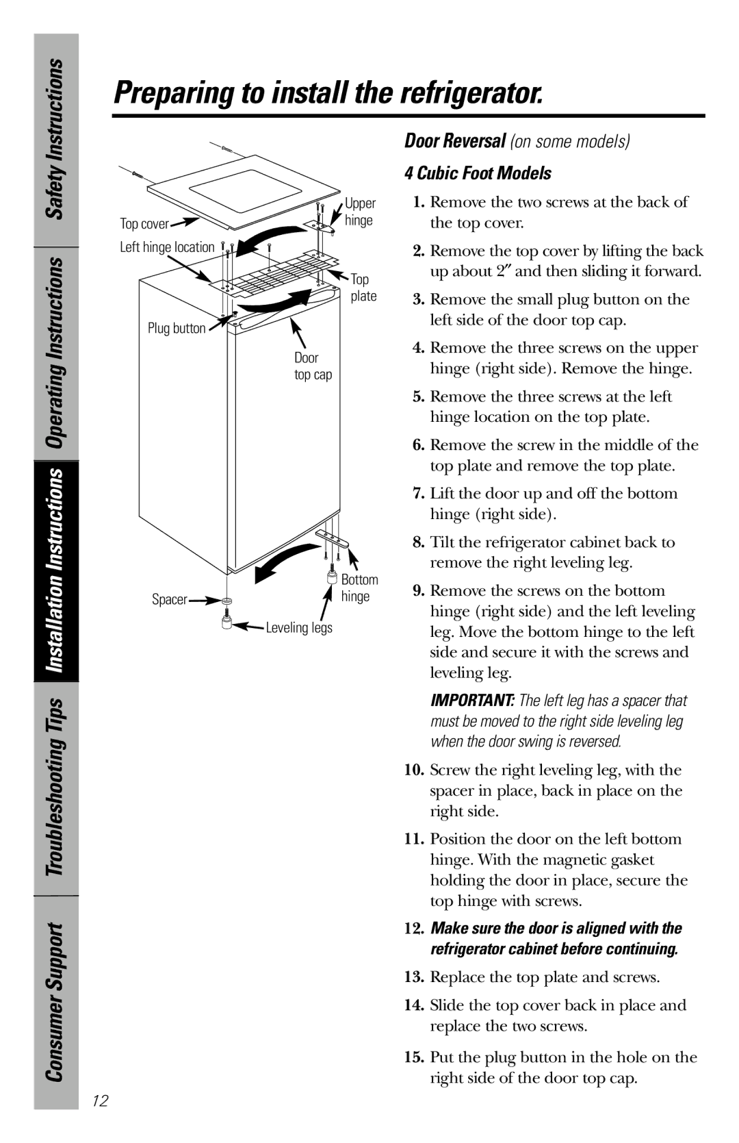 GE owner manual Consumer, Cubic Foot Models 