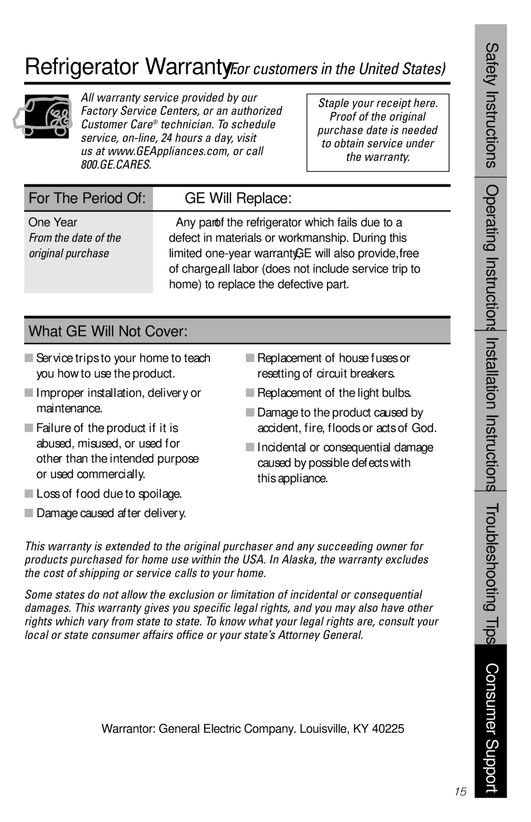 GE Cubic Foot GE Will Replace, What GE Will Not Cover Operating Instructions, One Year, From the date, Original purchase 