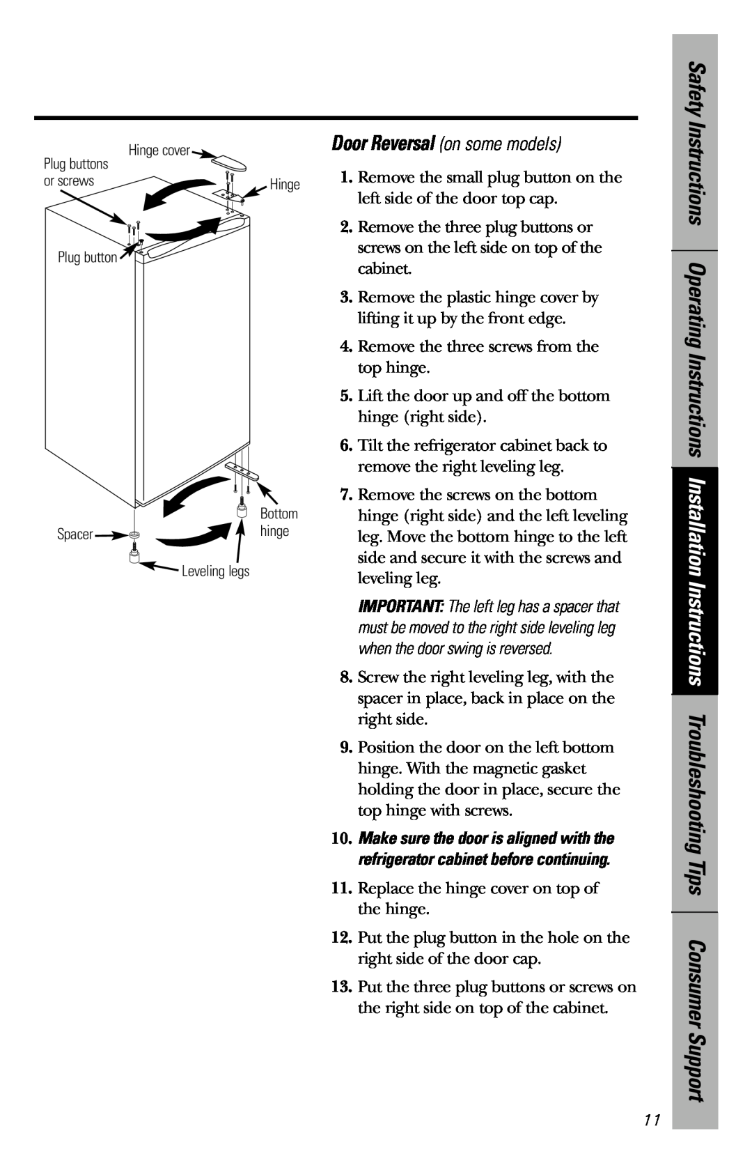 GE Cubic Foot owner manual Door Reversal on some models 