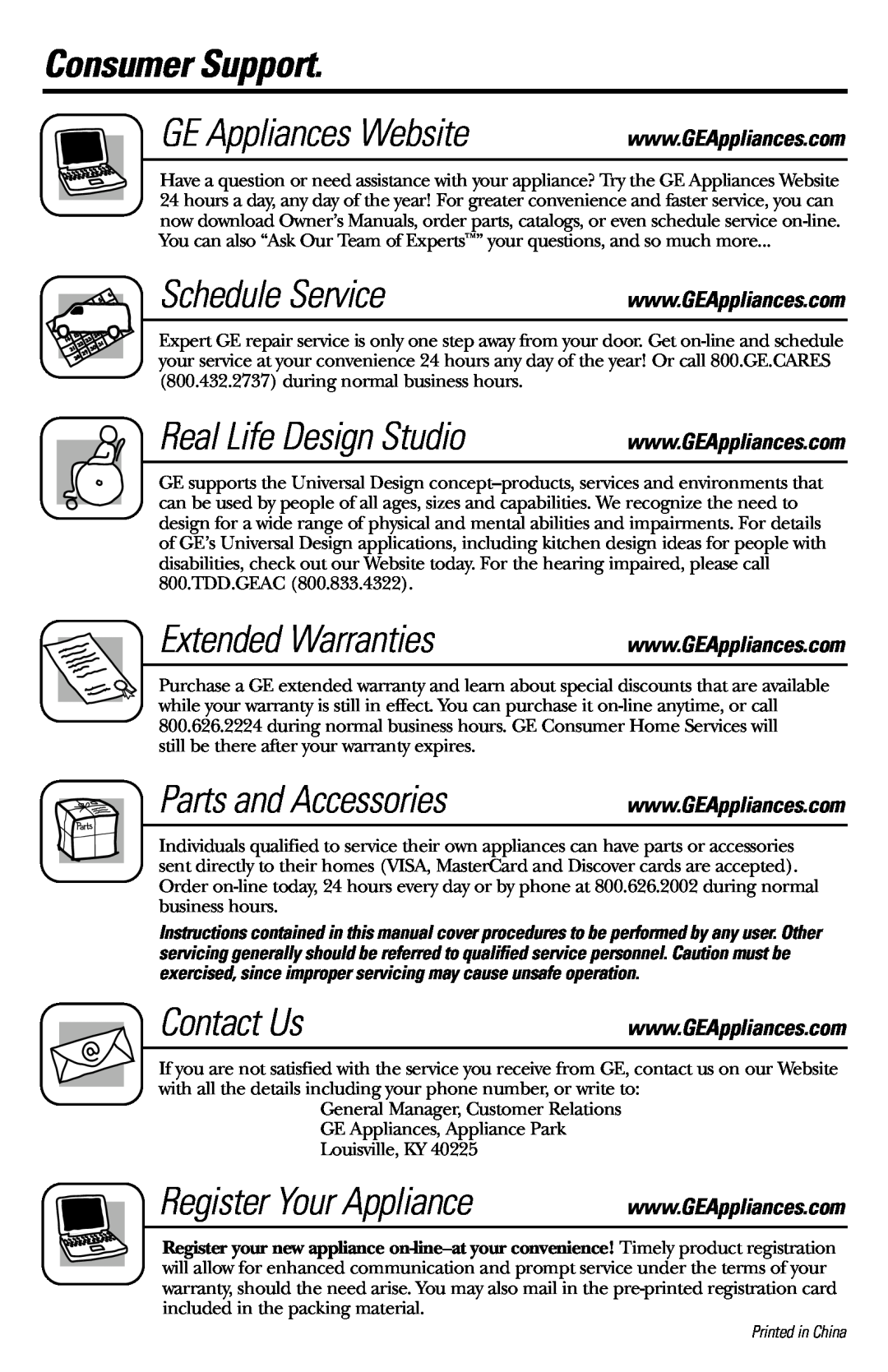 GE Cubic Foot Consumer Support, GE Appliances Website, Schedule Service, Real Life Design Studio, Extended Warranties 