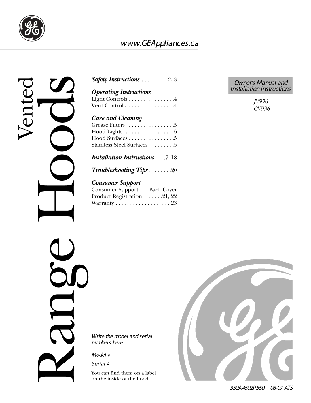 GE CV936 manual Range Hoods 