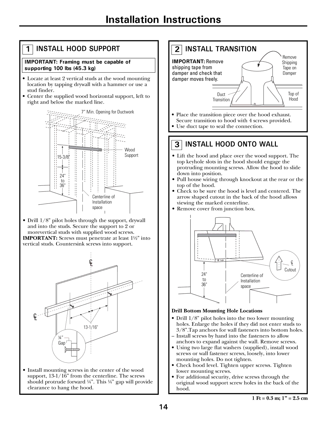 GE CV936 manual Install Hood Support, Install Transition, Install Hood Onto Wall, Drill Bottom Mounting Hole Locations 