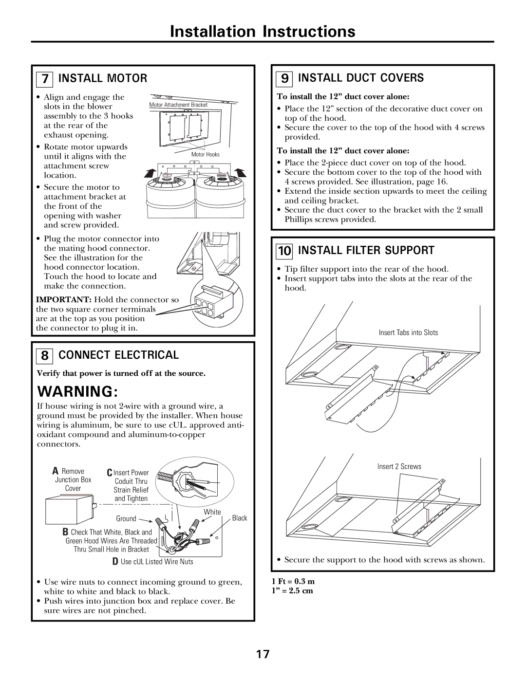 GE CV936 manual Install Motor, Connect Electrical, Install Duct Covers, Install Filter Support 