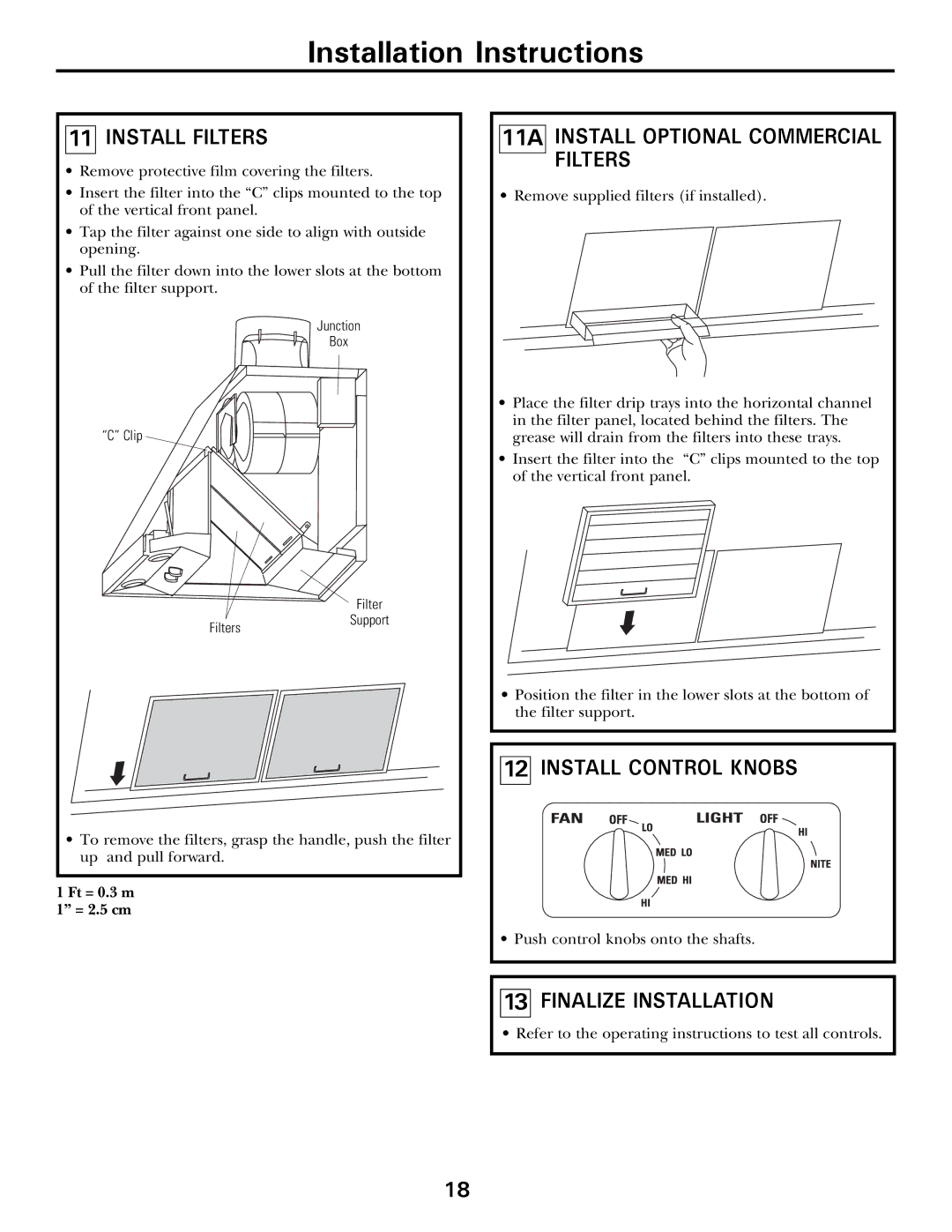 GE CV936 manual Install Filters, 11A Install Optional Commercial Filters, Install Control Knobs, Finalize Installation 