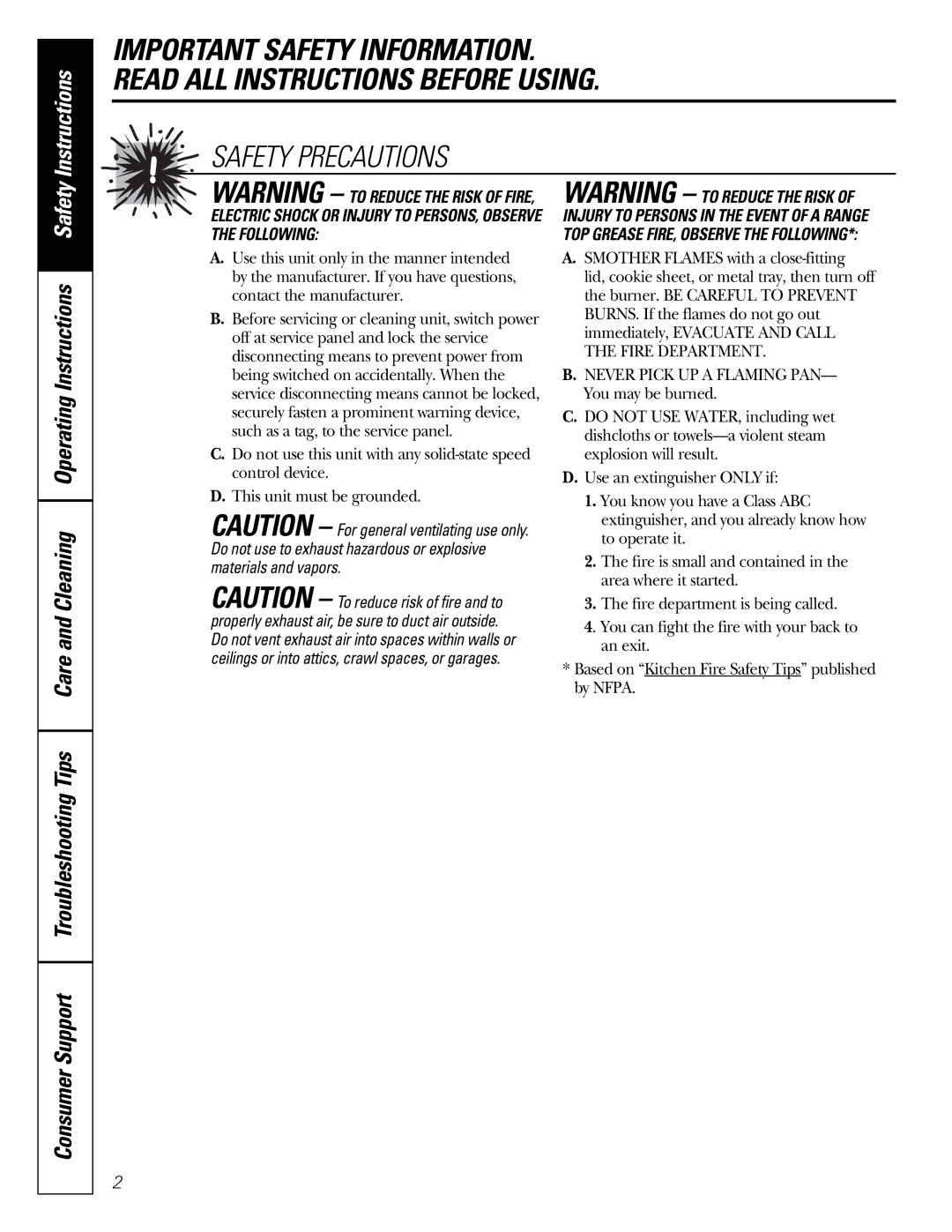 GE CV936 manual Safety Precautions 