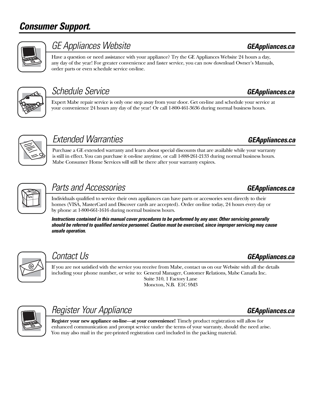 GE CV936 Consumer Support GE Appliances Website, Schedule Service, Extended Warranties, Parts and Accessories, Contact Us 