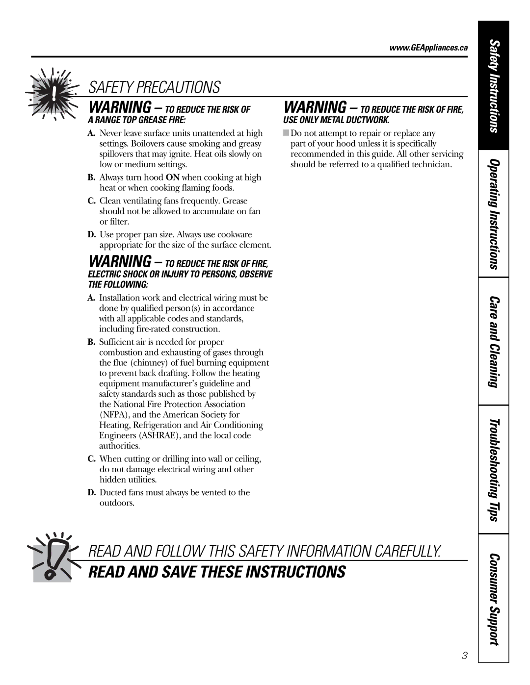 GE CV936 manual Read and Save These Instructions 