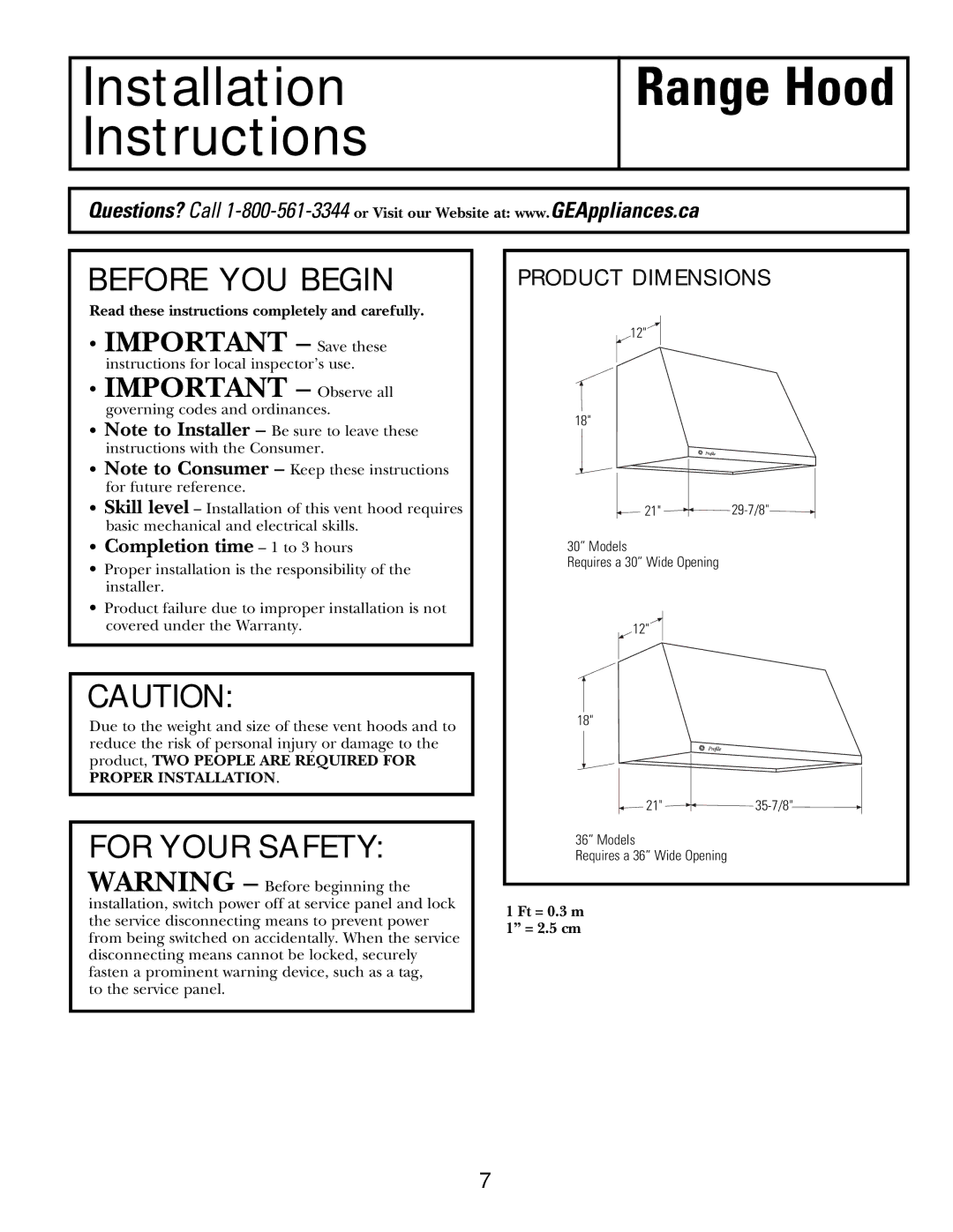 GE CV936 manual Product Dimensions, Read these instructions completely and carefully, Ft = 0.3 m 1 = 2.5 cm 