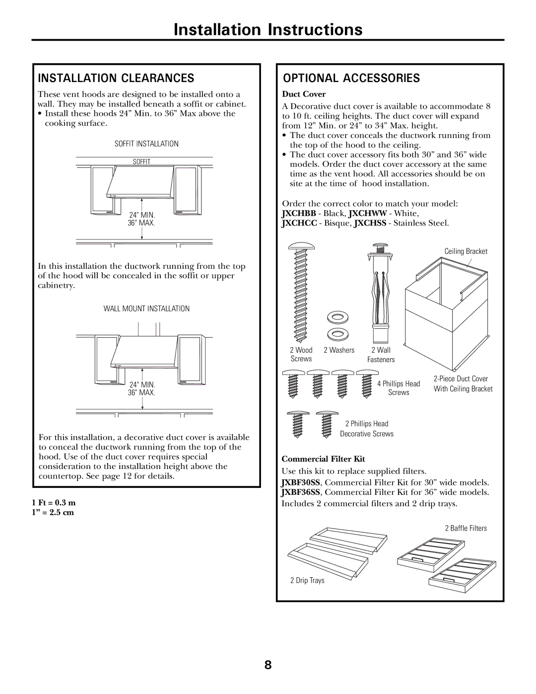 GE CV936 manual Installation Clearances, Optional Accessories, Duct Cover, Commercial Filter Kit 