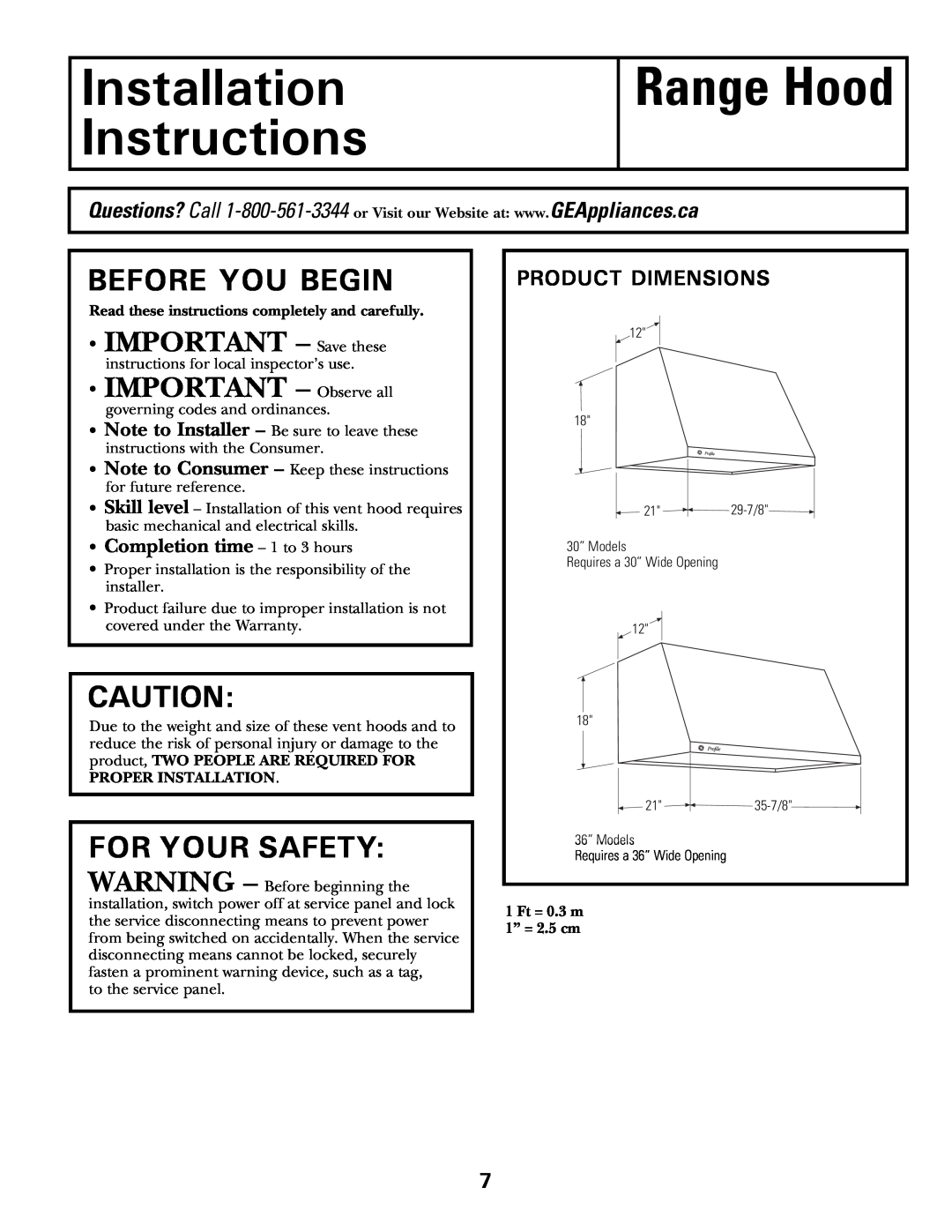GE CV936 manual Before You Begin, For Your Safety, Product Dimensions, Range Hood, Installation Instructions 