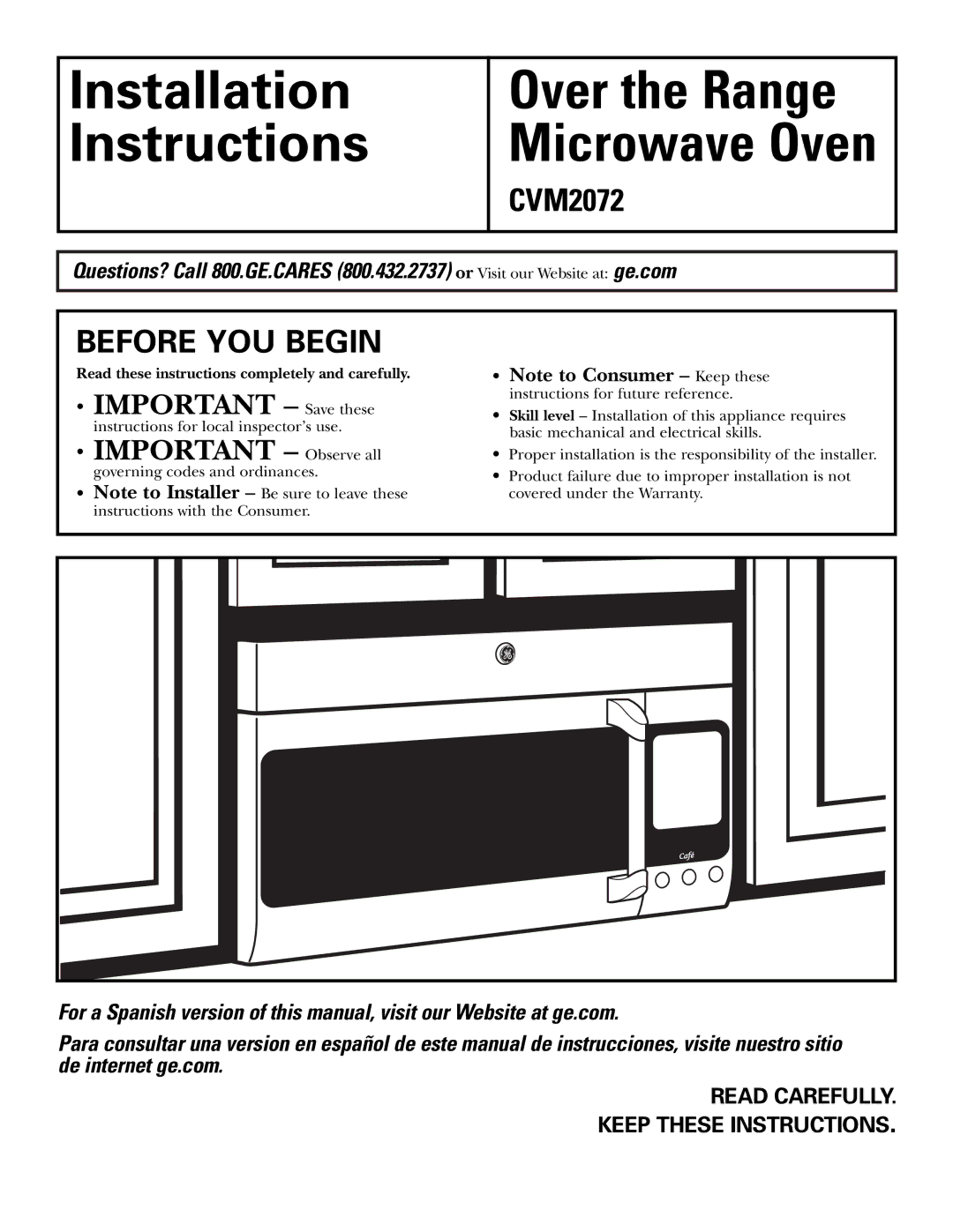 GE CVM2072 warranty Before YOU Begin, Read Carefully Keep These Instructions 