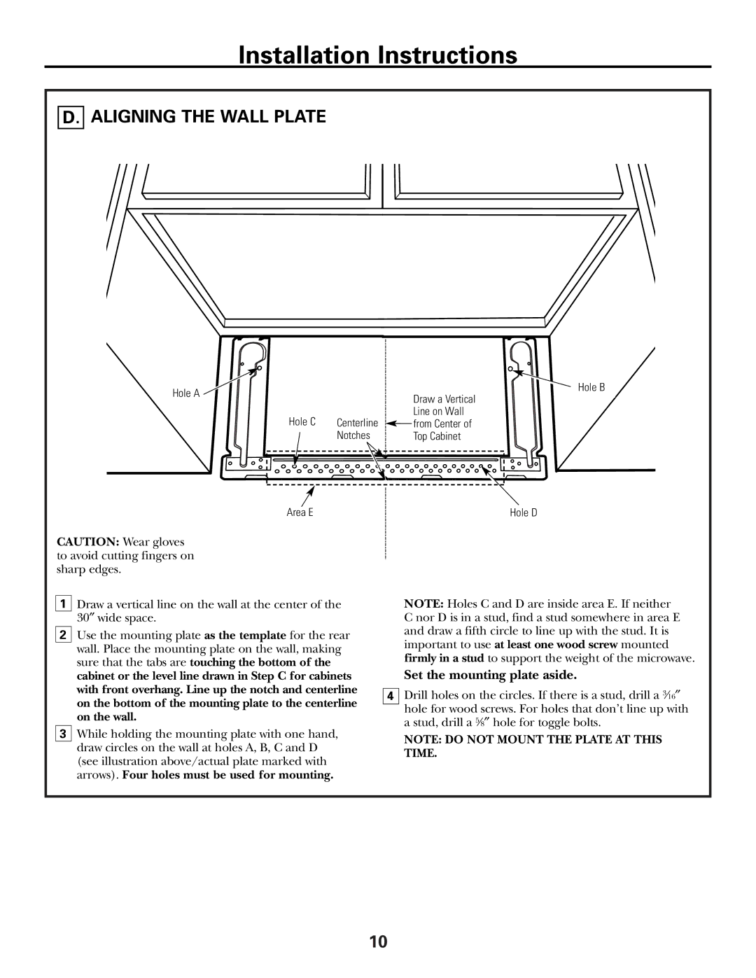 GE CVM2072 warranty Aligning the Wall Plate, Set the mounting plate aside 