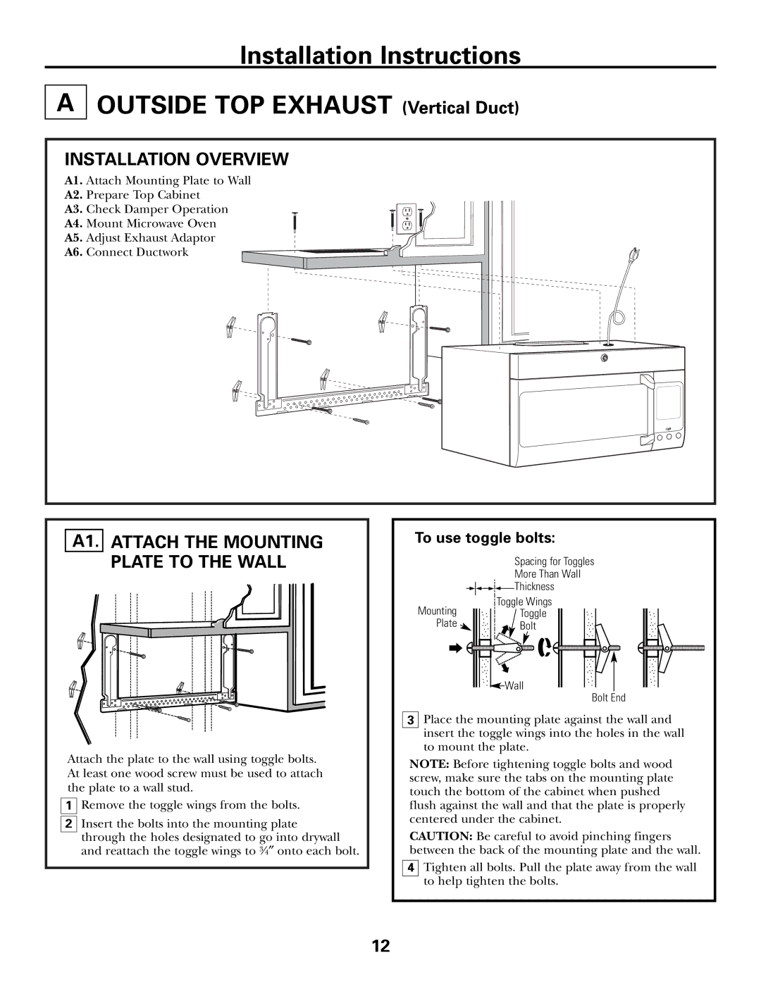 GE CVM2072 warranty Installation Overview, A1. Attach the Mounting Plate to the Wall, To use toggle bolts 