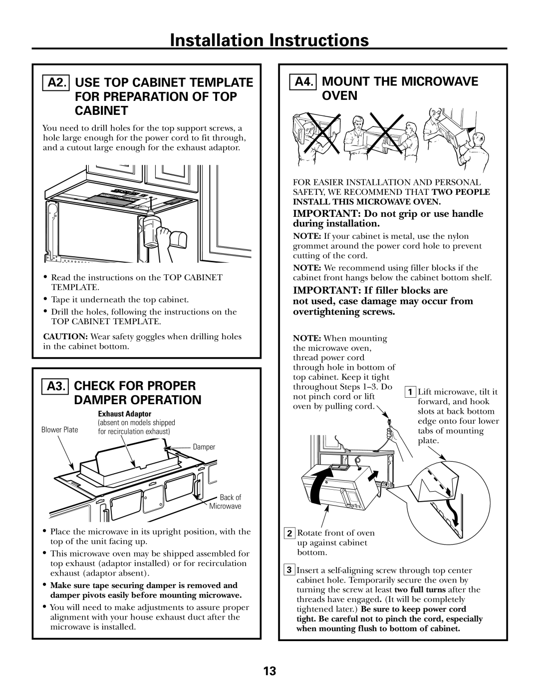 GE CVM2072 warranty A4. Mount the Microwave Oven, A2. USE TOP Cabinet Template for Preparation of TOP Cabinet 