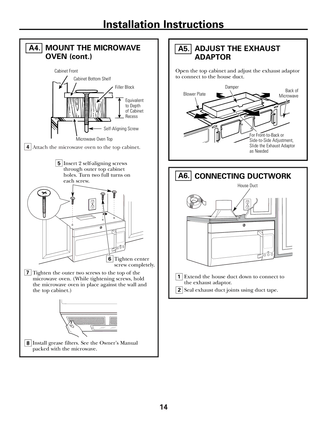 GE CVM2072 warranty A4. Mount the Microwave Oven, A5. Adjust the Exhaust Adaptor, A6. Connecting Ductwork 