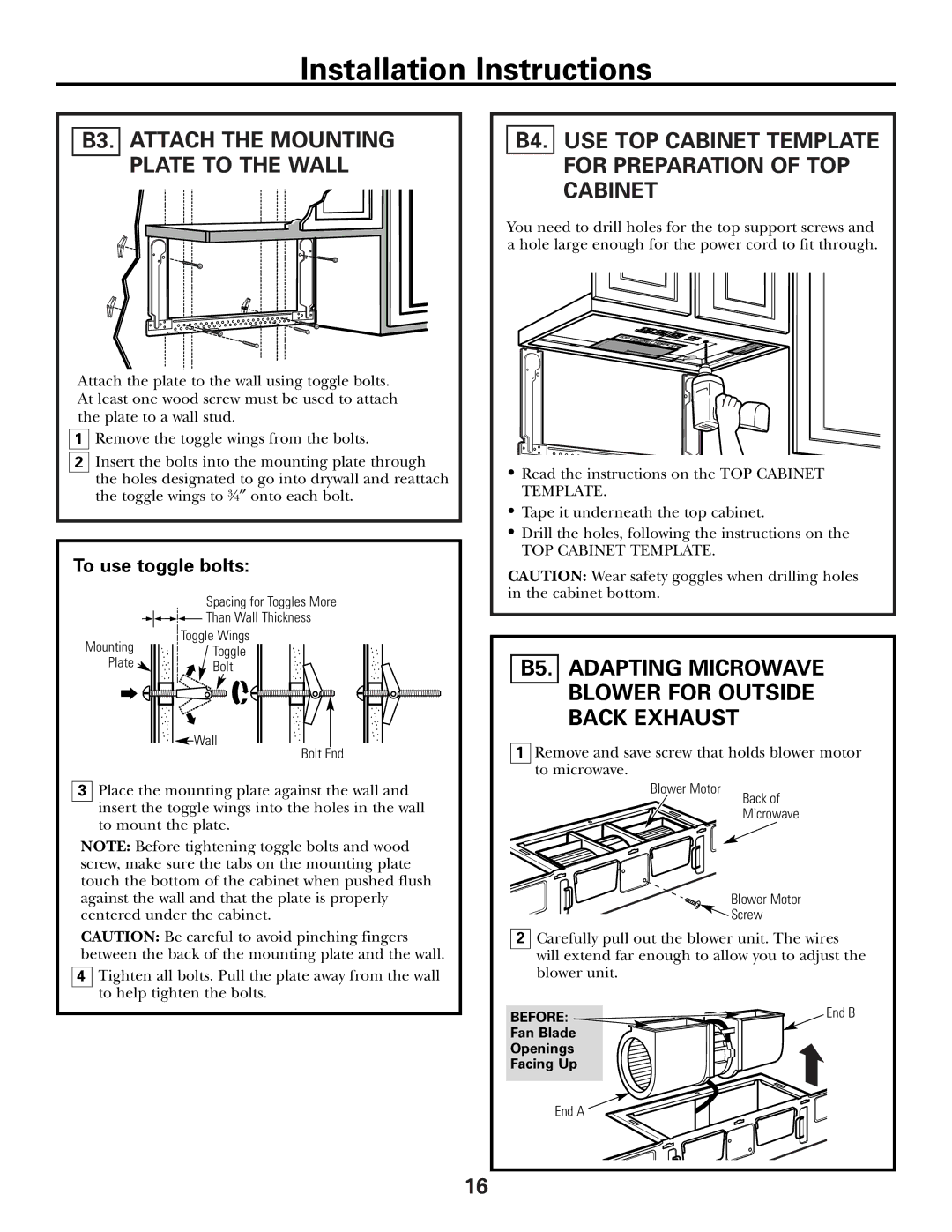 GE CVM2072 warranty B3. Attach the Mounting Plate to the Wall, B5. Adapting Microwave Blower for Outside Back Exhaust 