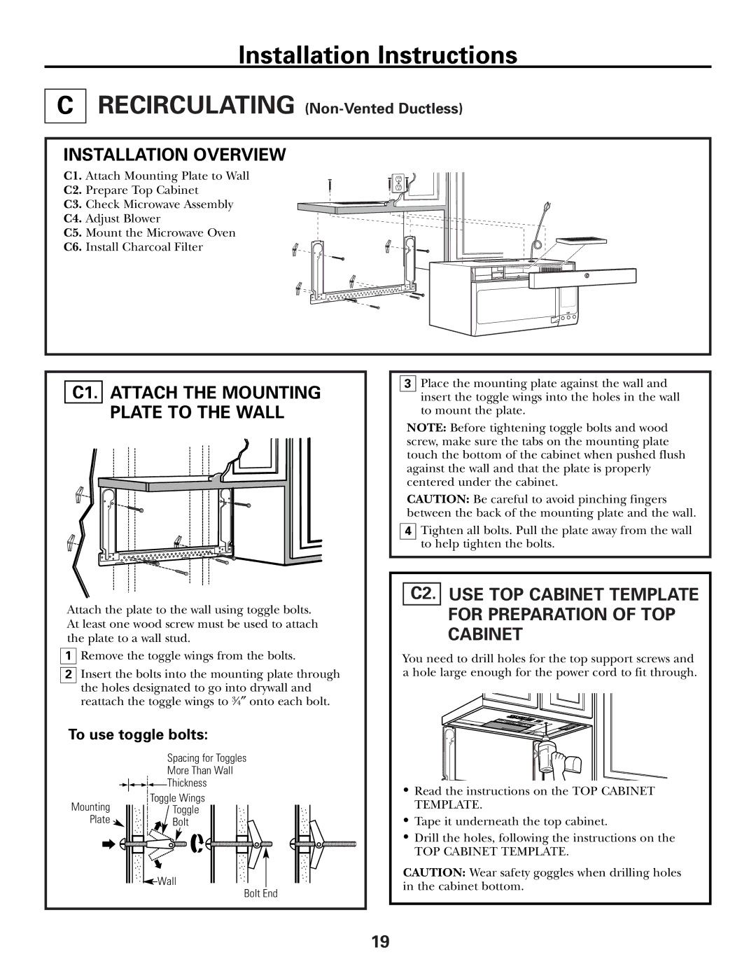 GE CVM2072 warranty C1. Attach the Mounting Plate to the Wall, C2. USE TOP Cabinet Template for Preparation of TOP Cabinet 