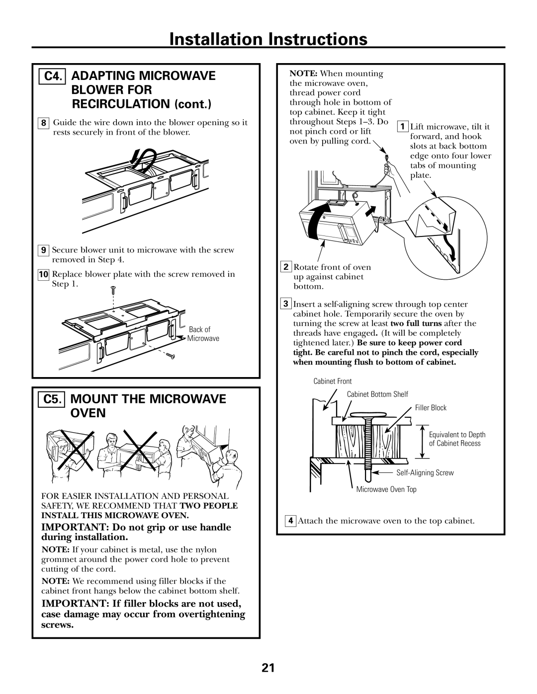 GE CVM2072 warranty C4. Adapting Microwave Blower for Recirculation, C5. Mount the Microwave Oven 