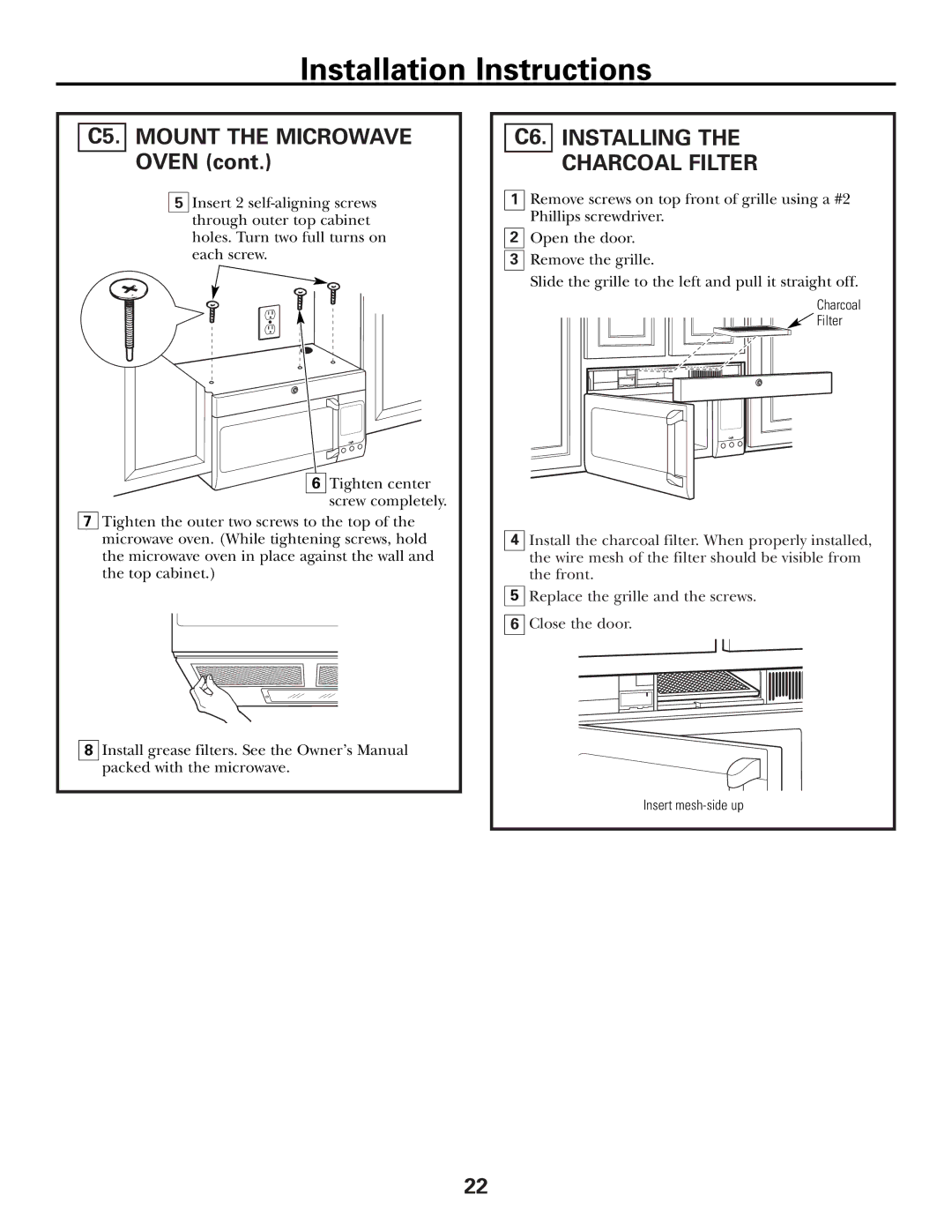 GE CVM2072 warranty C5. Mount the Microwave Oven, C6. Installing Charcoal Filter 