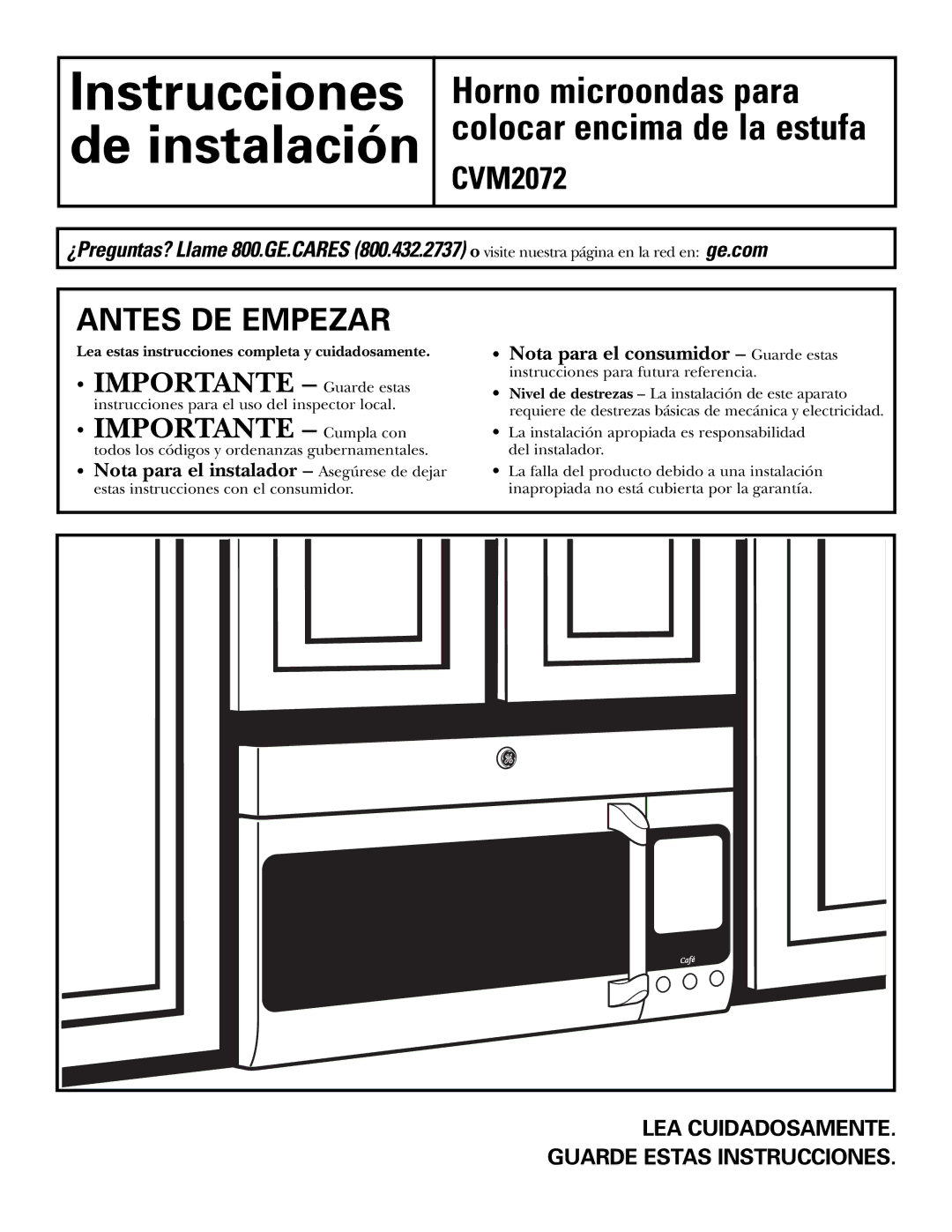 GE CVM2072 warranty Antes DE Empezar, LEA Cuidadosamente Guarde Estas Instrucciones 