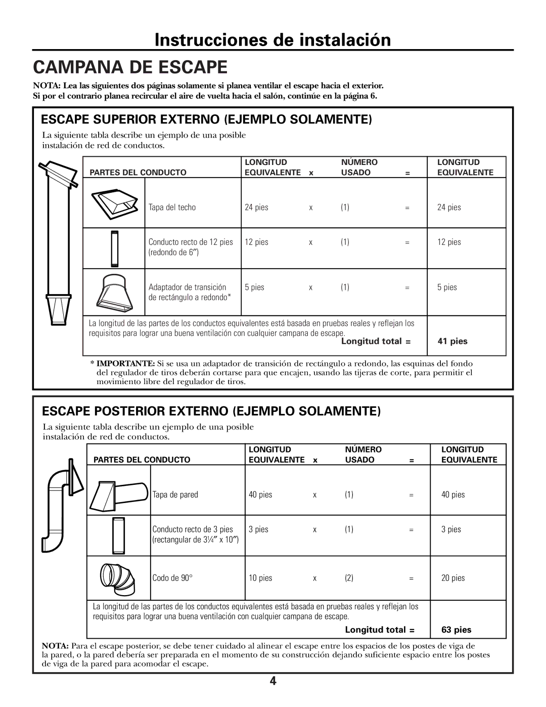 GE CVM2072 Campana DE Escape, Escape Superior Externo Ejemplo Solamente, Escape Posterior Externo Ejemplo Solamente 