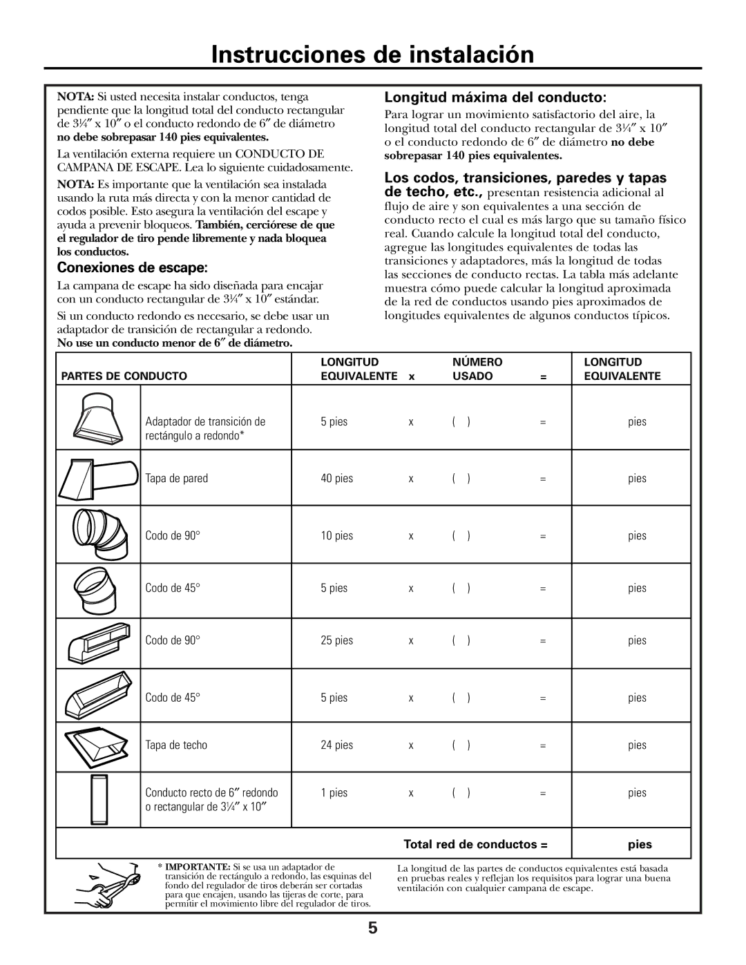 GE CVM2072 warranty Conexiones de escape, Longitud máxima del conducto 