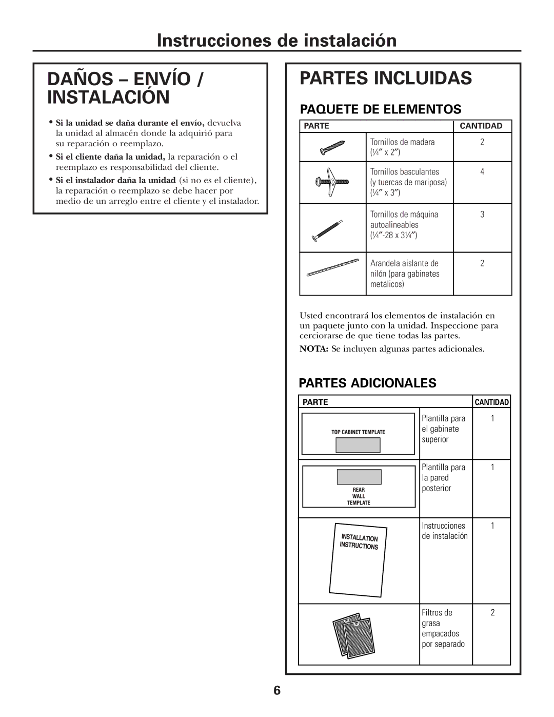 GE CVM2072 warranty Daños Envío Instalación, Partes Incluidas, Paquete DE Elementos, Partes Adicionales 