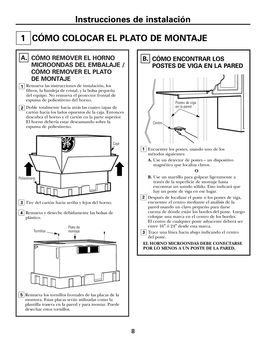 GE CVM2072 warranty Cómo Colocar EL Plato DE Montaje, Cómo Encontrar LOS Postes DE Viga EN LA Pared 