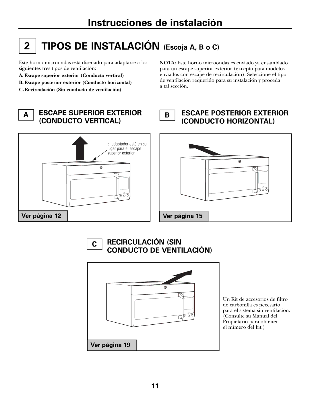 GE CVM2072 warranty Escape Superior Exterior Conducto Vertical, Escape Posterior Exterior Conducto Horizontal, Ver página 